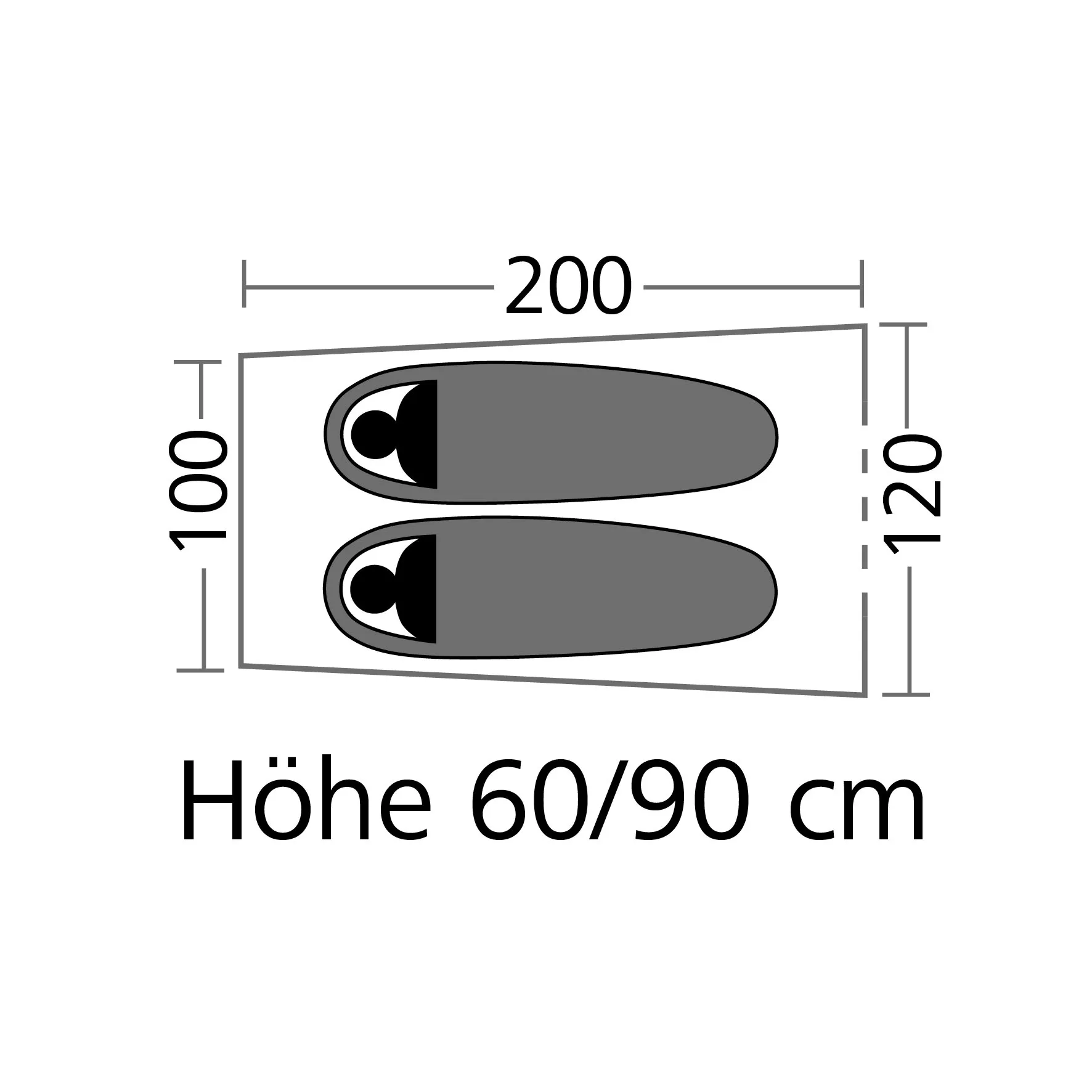 Draufsicht des Trekkingzelts Minilite mit zwei Schlafplätzen, 200 cm Länge, 100 bis 120 cm Breite und 60 bis 90 cm Höhe