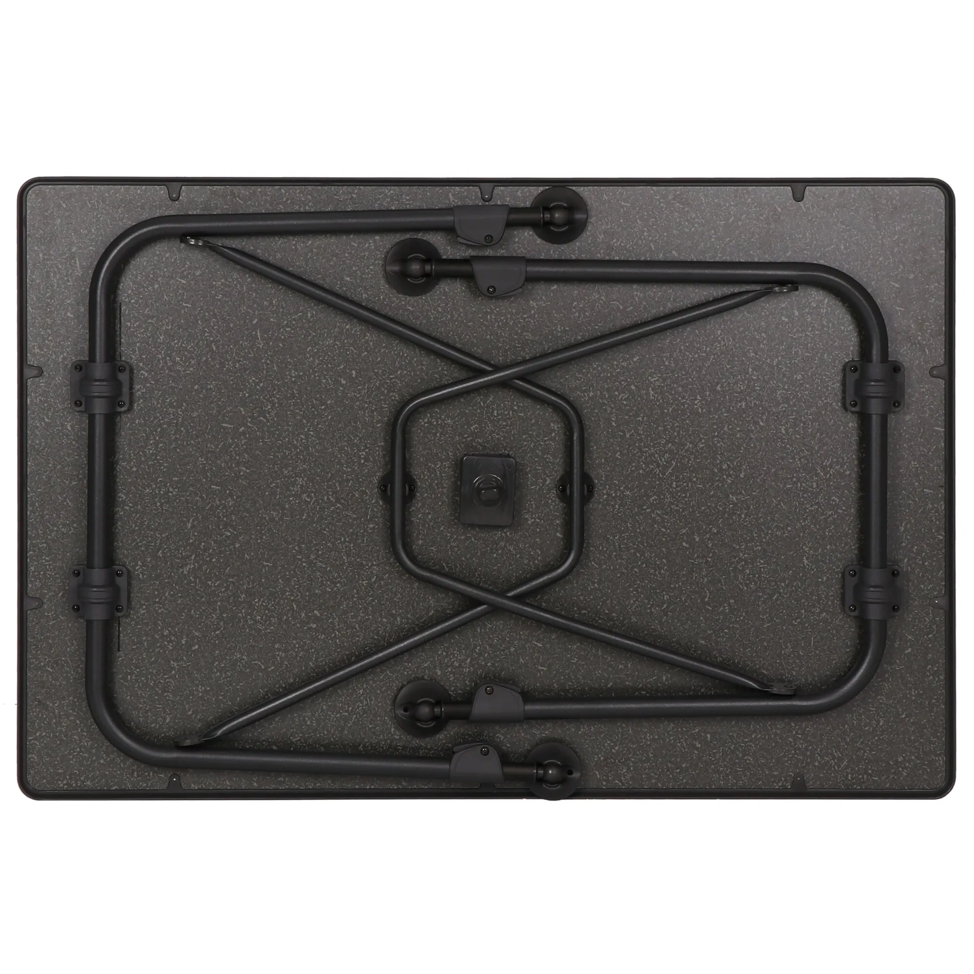 Campingtisch Aircolite blackedition, 120 cm, in Schwarz, von unten mit eingeklappten Beinen und Kreuzverstrebungen sichtbar