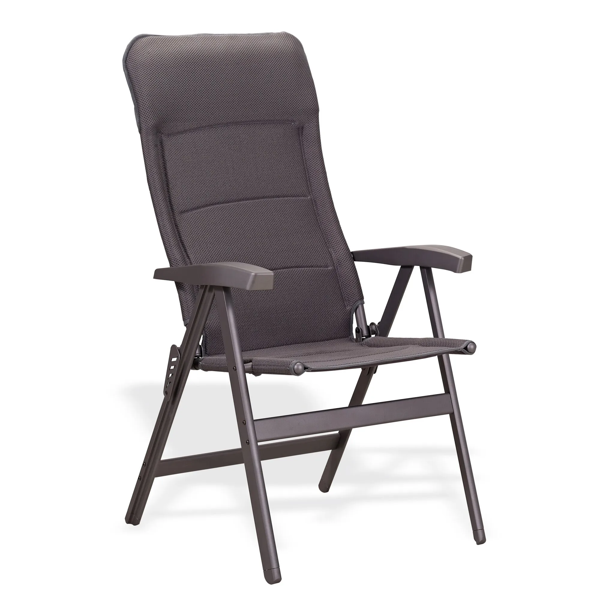 Campingstuhl Noblesse Deluxe in Grau mit verstellbarer Rückenlehne, Armlehnen und klappbarem Metallgestell