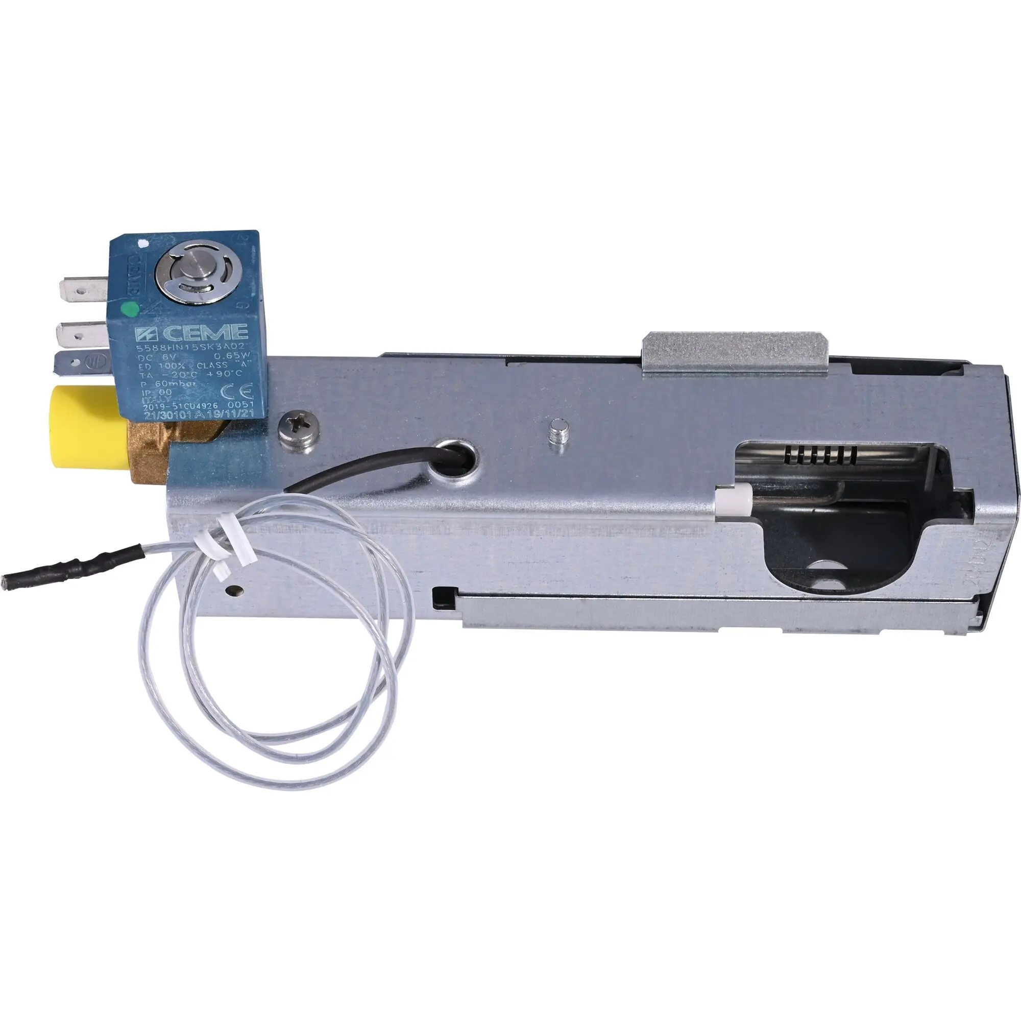 Blaues Gasventilmodul mit rundem Metallknopf an Metallgehäuse, weiße Drahtkabel sichtbar, Teil eines Dometic RM 10.5