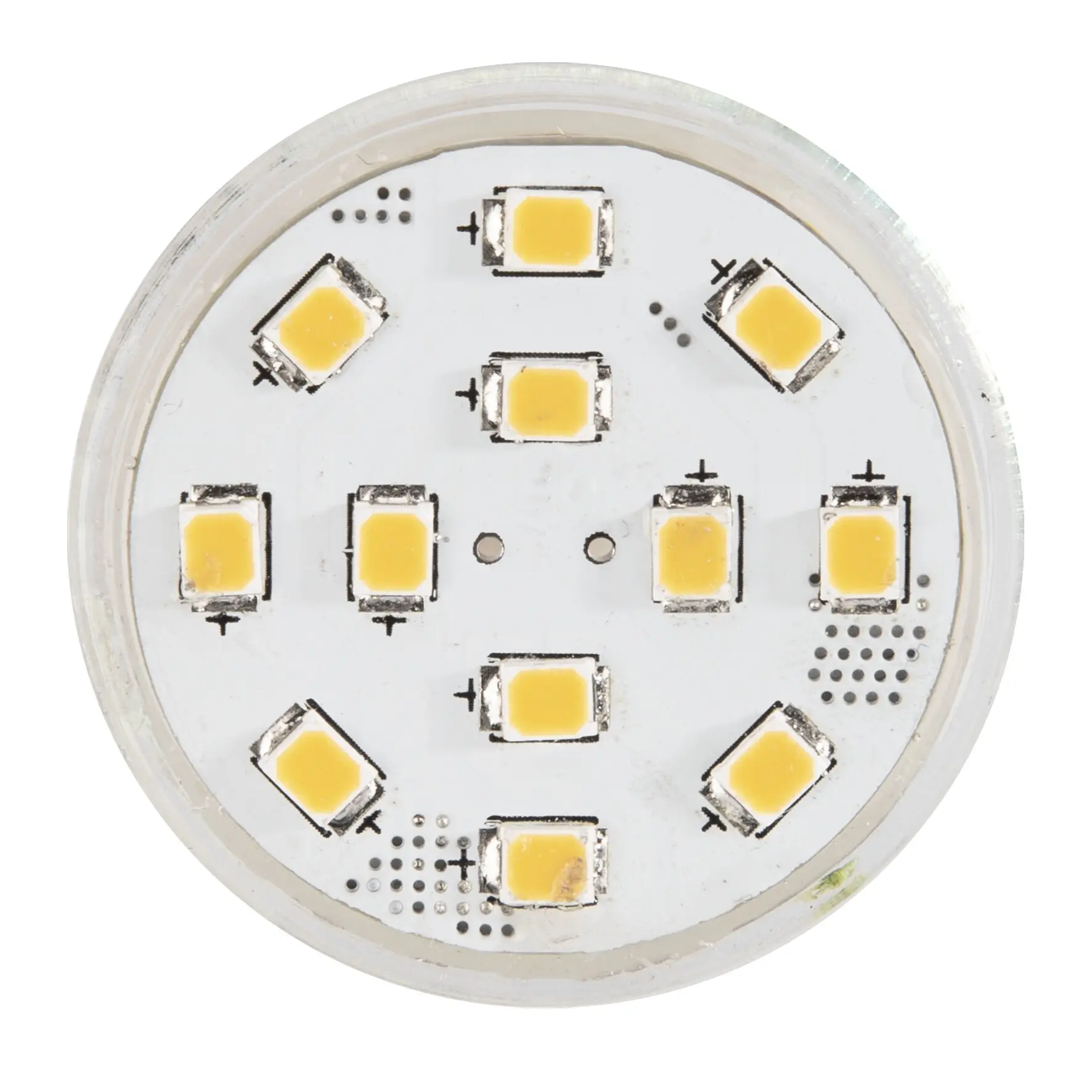 Rundes LED-Modul mit mehreren SMD-LED-Chips auf einer weißen Platine; sichtbar sind Plus- und Minuszeichen neben einigen LEDs