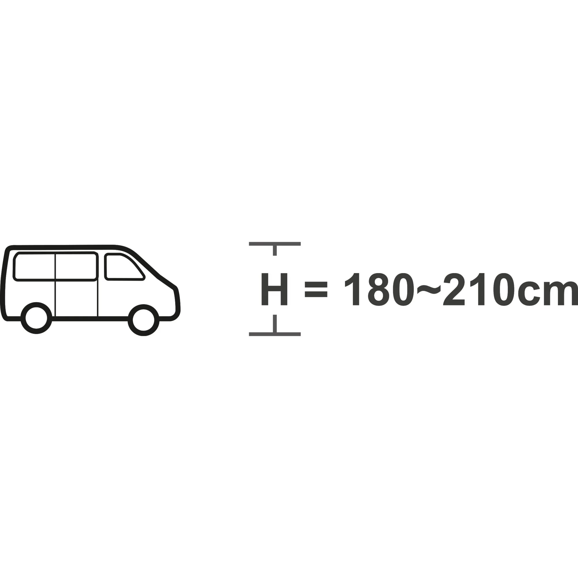 Seitliche Fahrzeugsilhouette mit Höhenangabe für das Busvorzelt Aquila Pro: geeignet für Fahrzeuge mit 180 bis 210 cm Höhe
