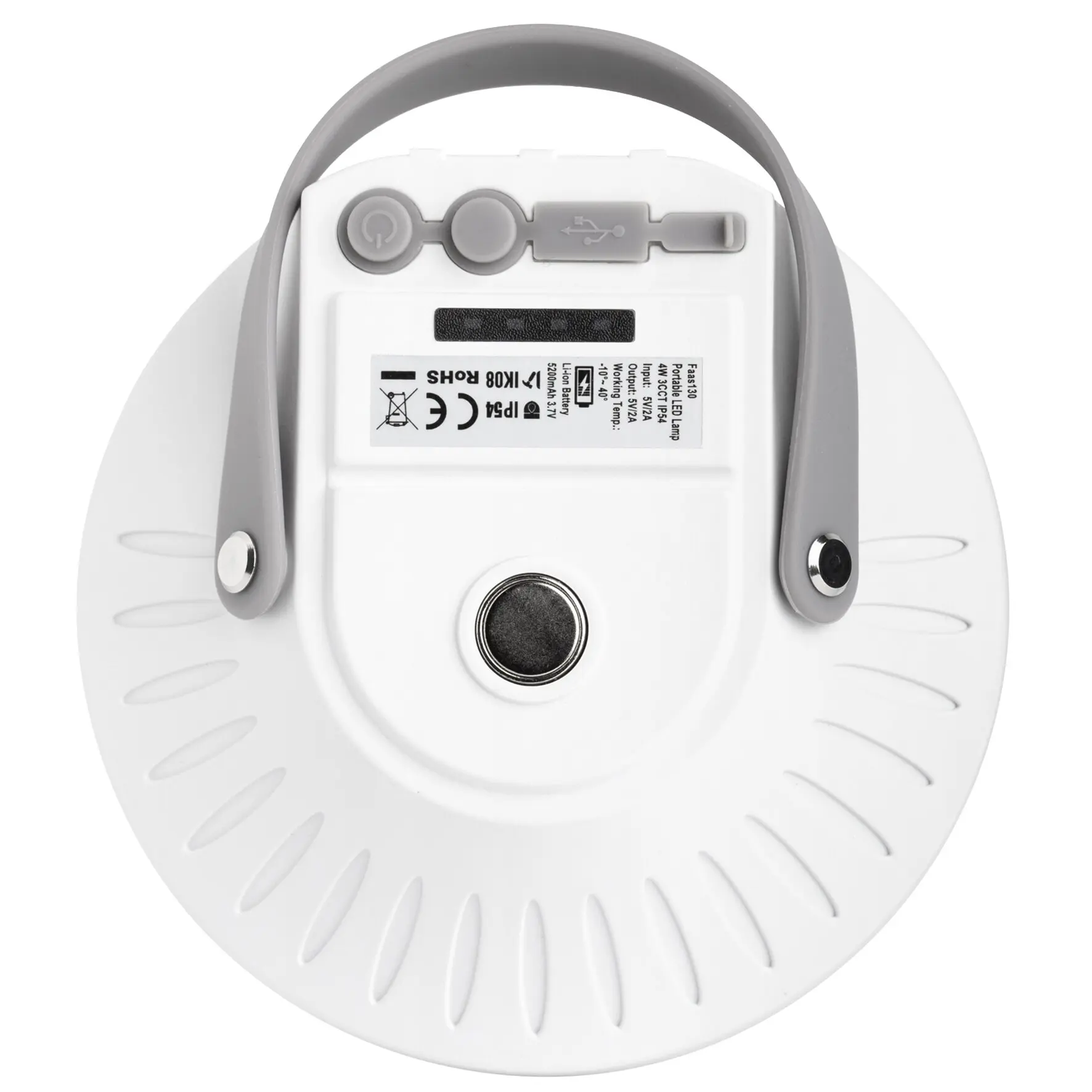 Unterseite der Lampe Stella LED: weiße runde Basis, graue Halterung, runder Ein/Aus-Schalter und Aufkleber mit technischen Daten