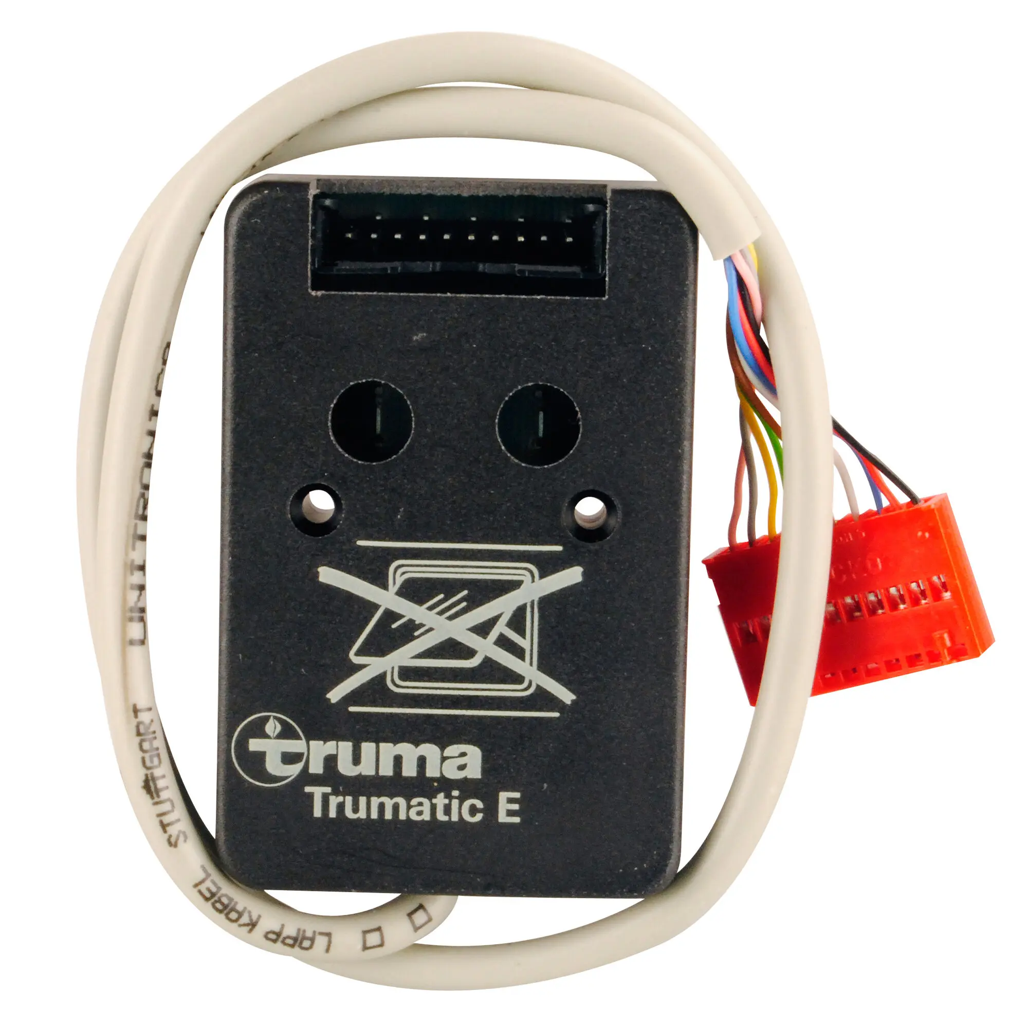 Nahaufnahme eines schwarzen rechteckigen Elektronikmoduls mit obenliegendem mehrpoligen Stecker, umlaufendem weißen Kabel und rotem Mehrfachstecker rechts, Truma-Logo sichtbar