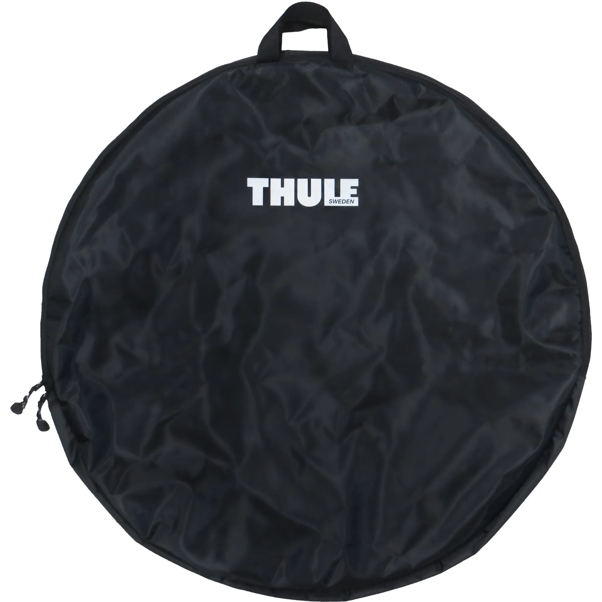 Schwarze Thule Wheel Bag XL Radtasche in runder Form mit Tragegriff, Reißverschluss und weißem Thule-Logo