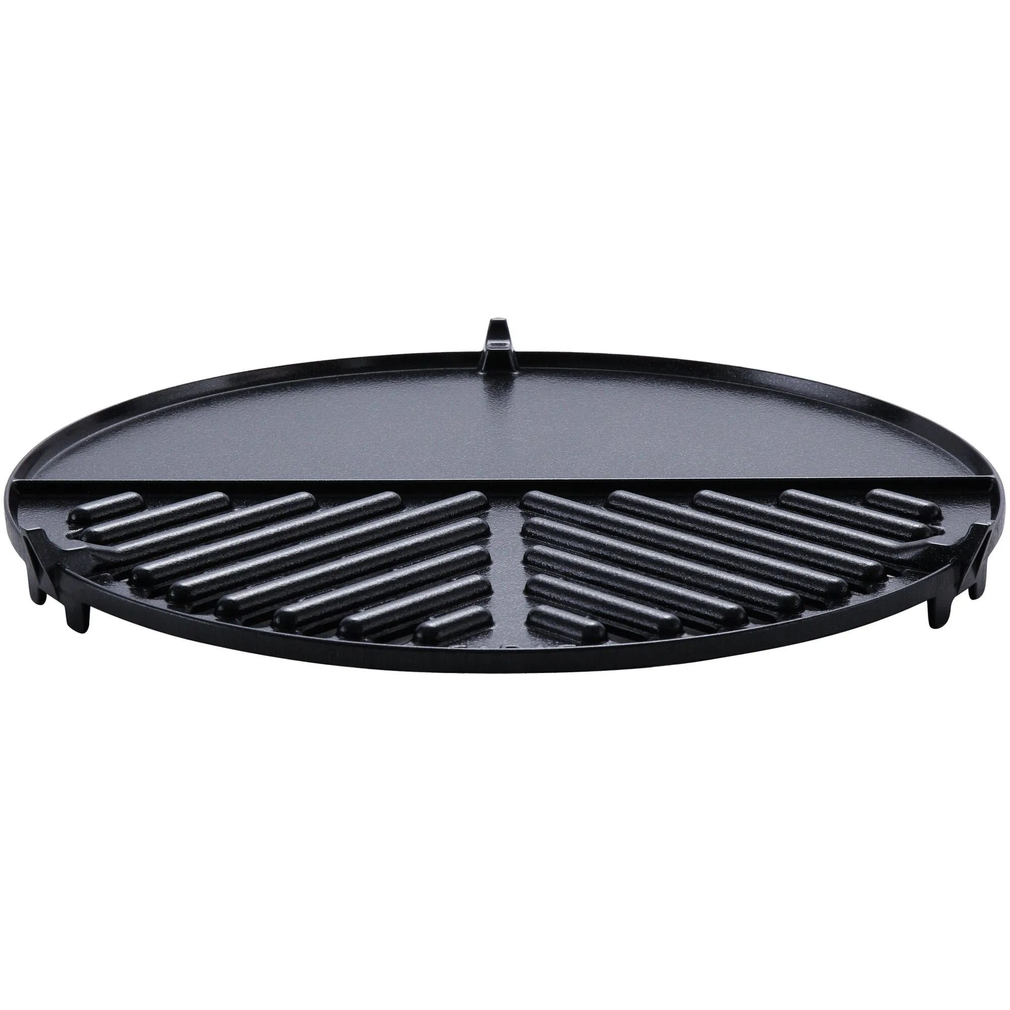 Schwarze runde Grillplatte BBQ/Plancha 30 mit glatter Bratfläche, geriffeltem Grillbereich und erhöhtem Rand