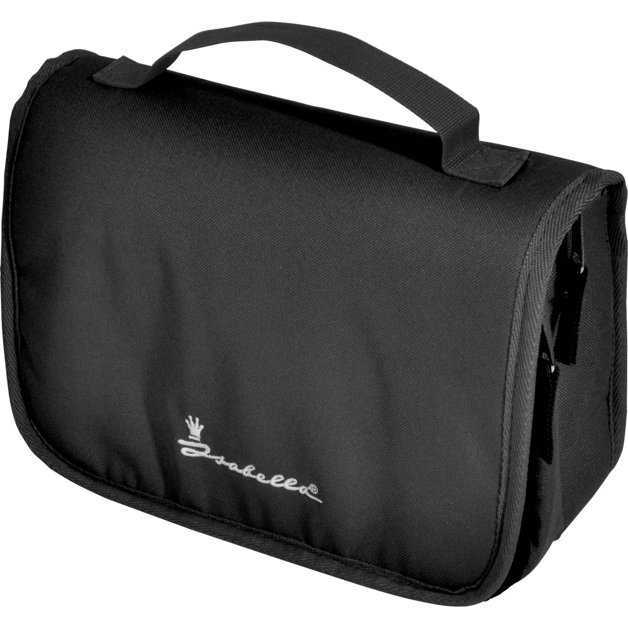 Schwarze Kulturtasche Mercury aus textilem Material mit Tragegriff, seitlichem Reißverschluss und weißem Markenlogo MercuryGear