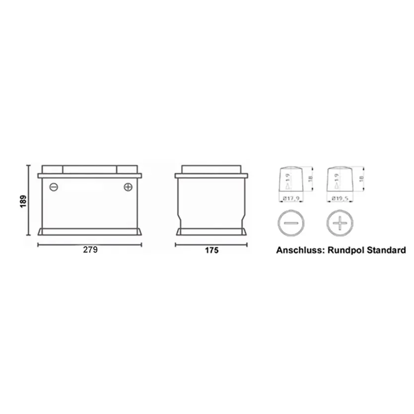 Technische Zeichnung einer Lithium-Starterbatterie mit Front- und Seitenansicht, Abmessungen 189 × 279 × 175 mm, Rundpol-Standardanschluss