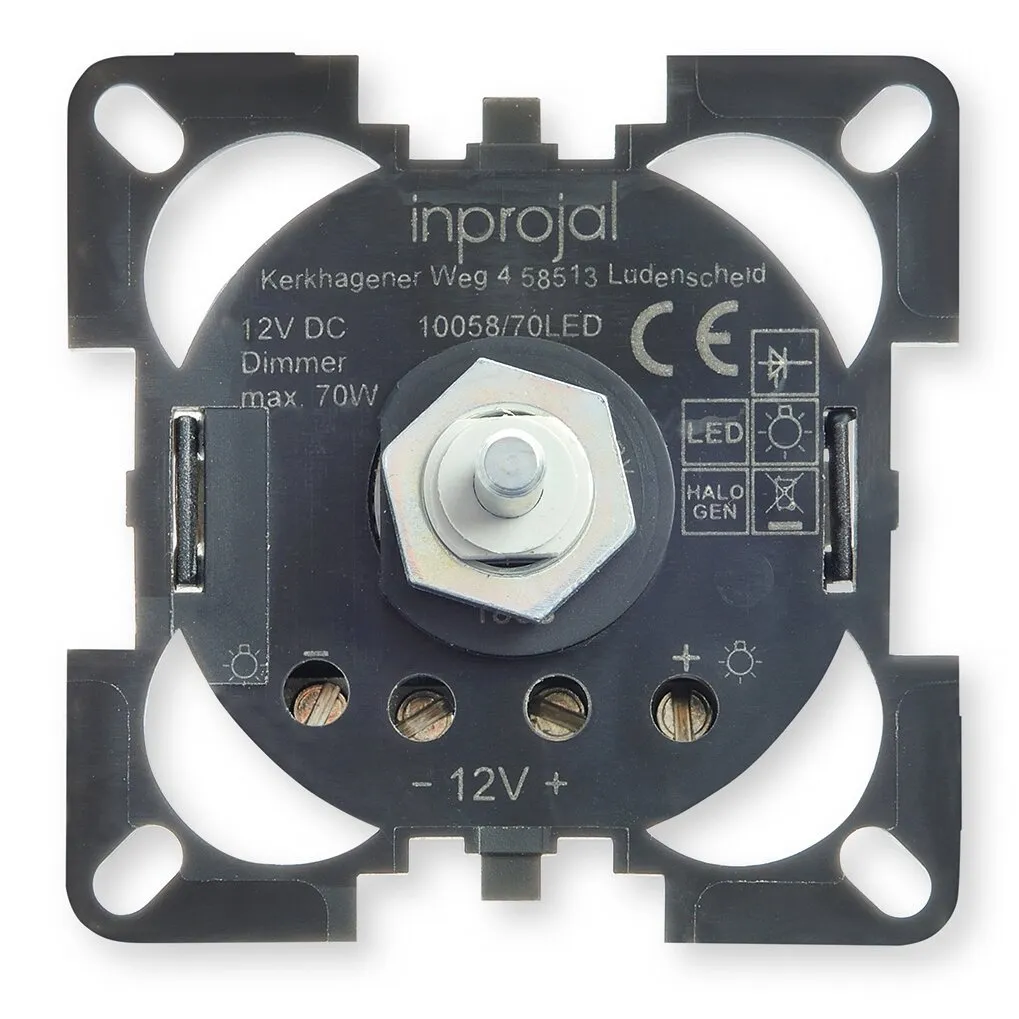 Schwarzer 12-V-DC-Dimmer von Inprojal mit Drehregler, vier Schraubklemmen und Kennzeichnung für LED- und Halogenlampen max. 70 W