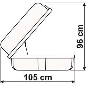 Seitliche Maßzeichnung der Dachbox Ultra Box Top mit geöffnetem Deckel, 400 l, 105 cm Länge und 96 cm Höhe