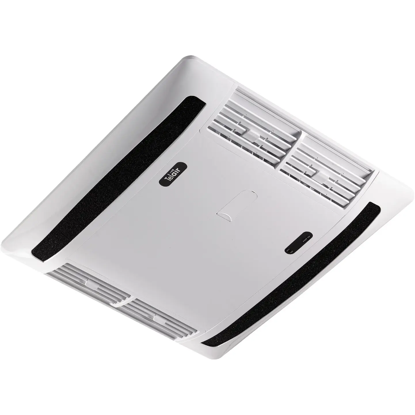Weißes kompaktes Klimagerät Telair DualClima 8400H, schräg von oben, mit Belüftungslamellen und schwarzen Seitenstreifen, Logo sichtbar