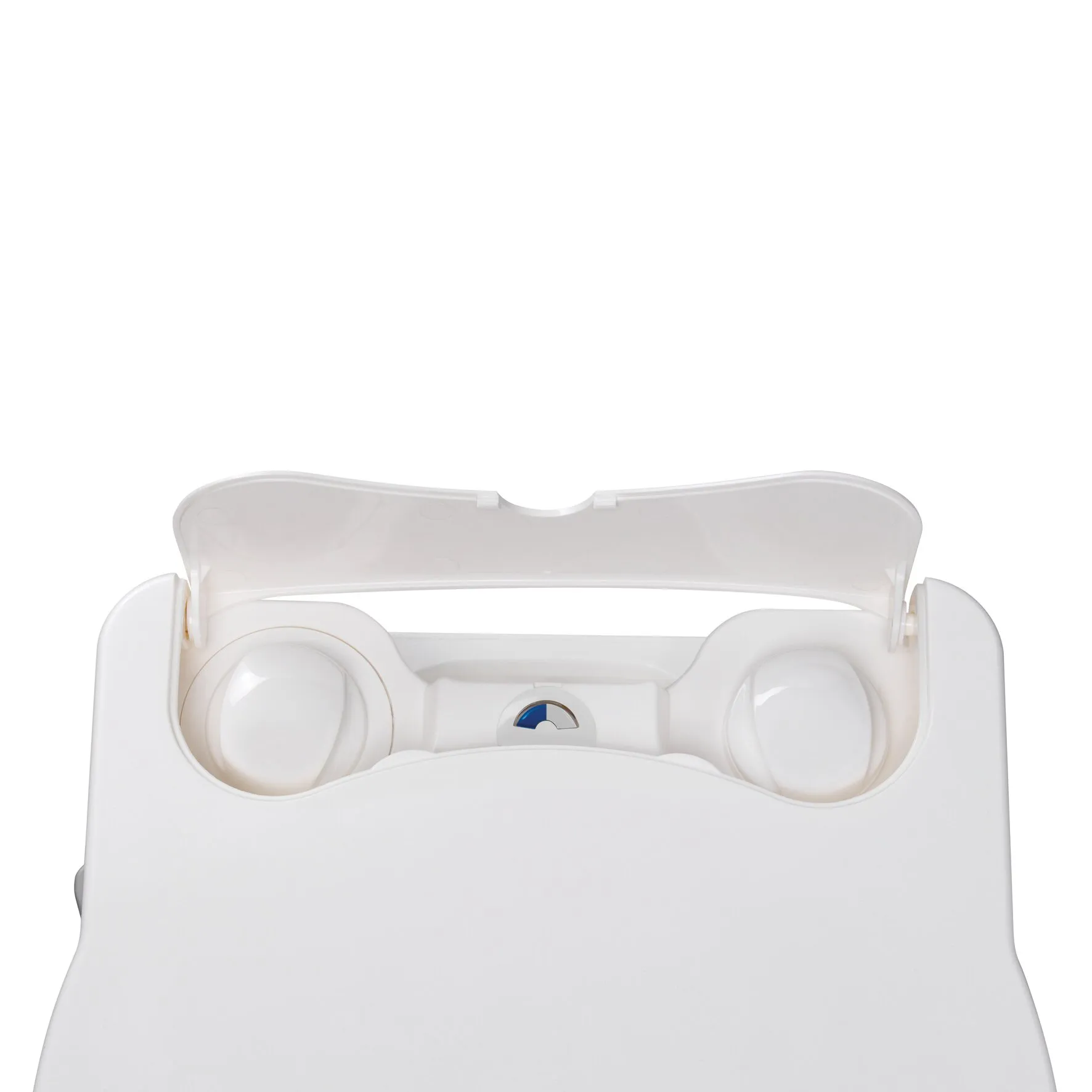 Innenansicht der weißen elektrischen Campingtoilette Porta Potti PP 565 mit geöffnetem Deckel und sichtbarer Spülmechanik