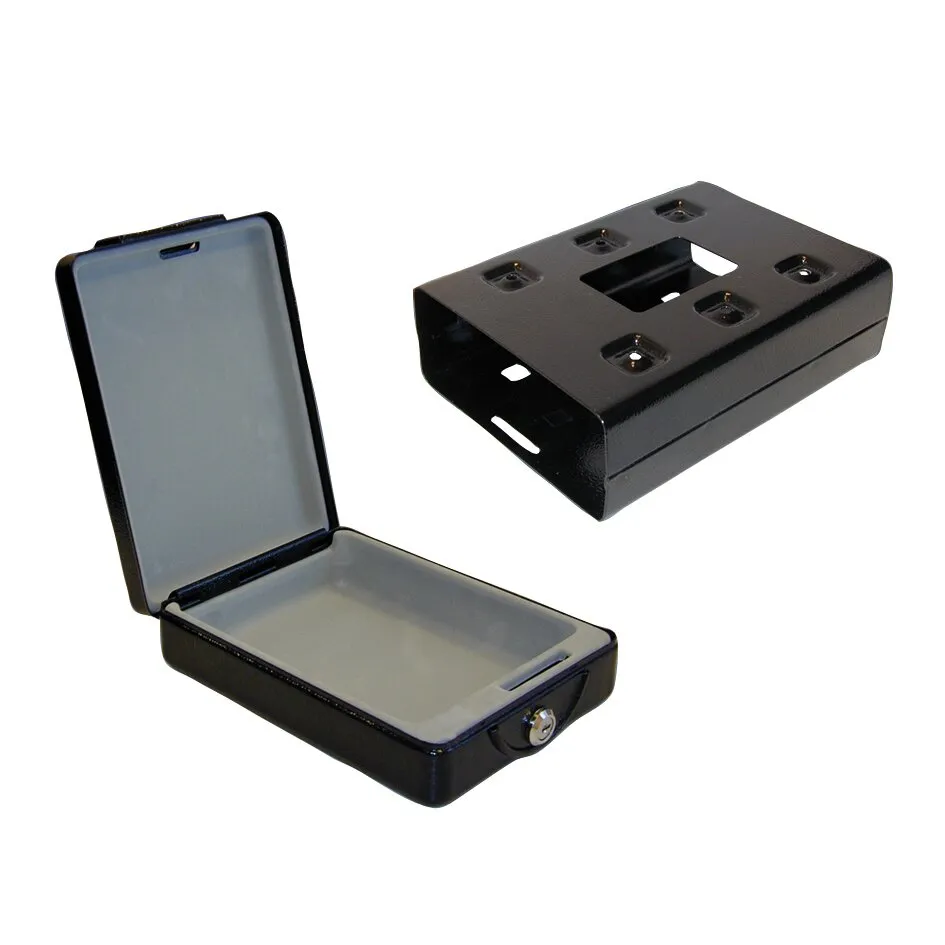 Schwarze Tresorkassette mit geöffnetem Deckel, grauem Innenraum und Schloss sowie separatem gelochtem Halterahmen