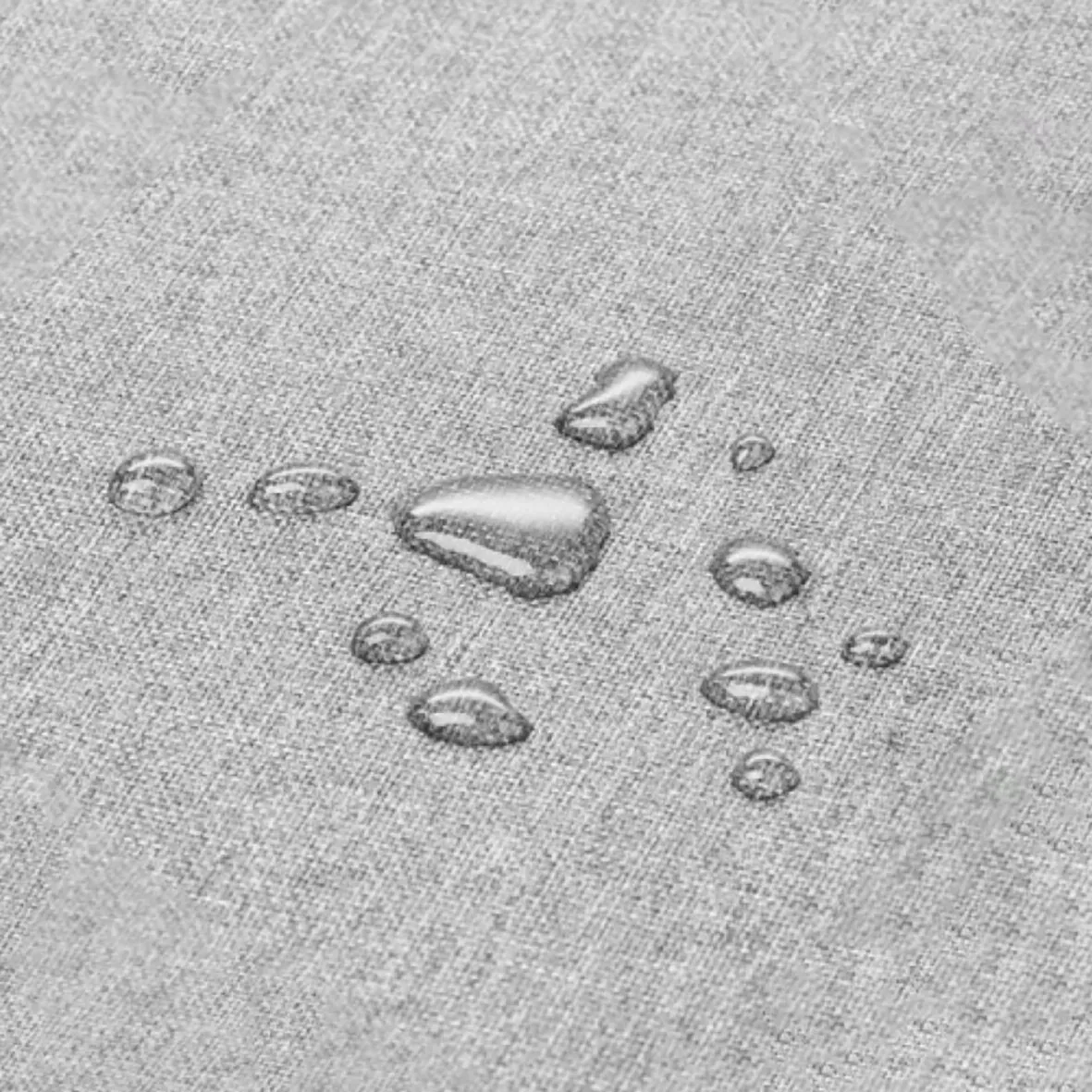 Detailaufnahme des grauen Outdoor-Heizkissens OL 750 mit wasserabweisendem Stoff und mehreren Wassertropfen auf der Oberfläche