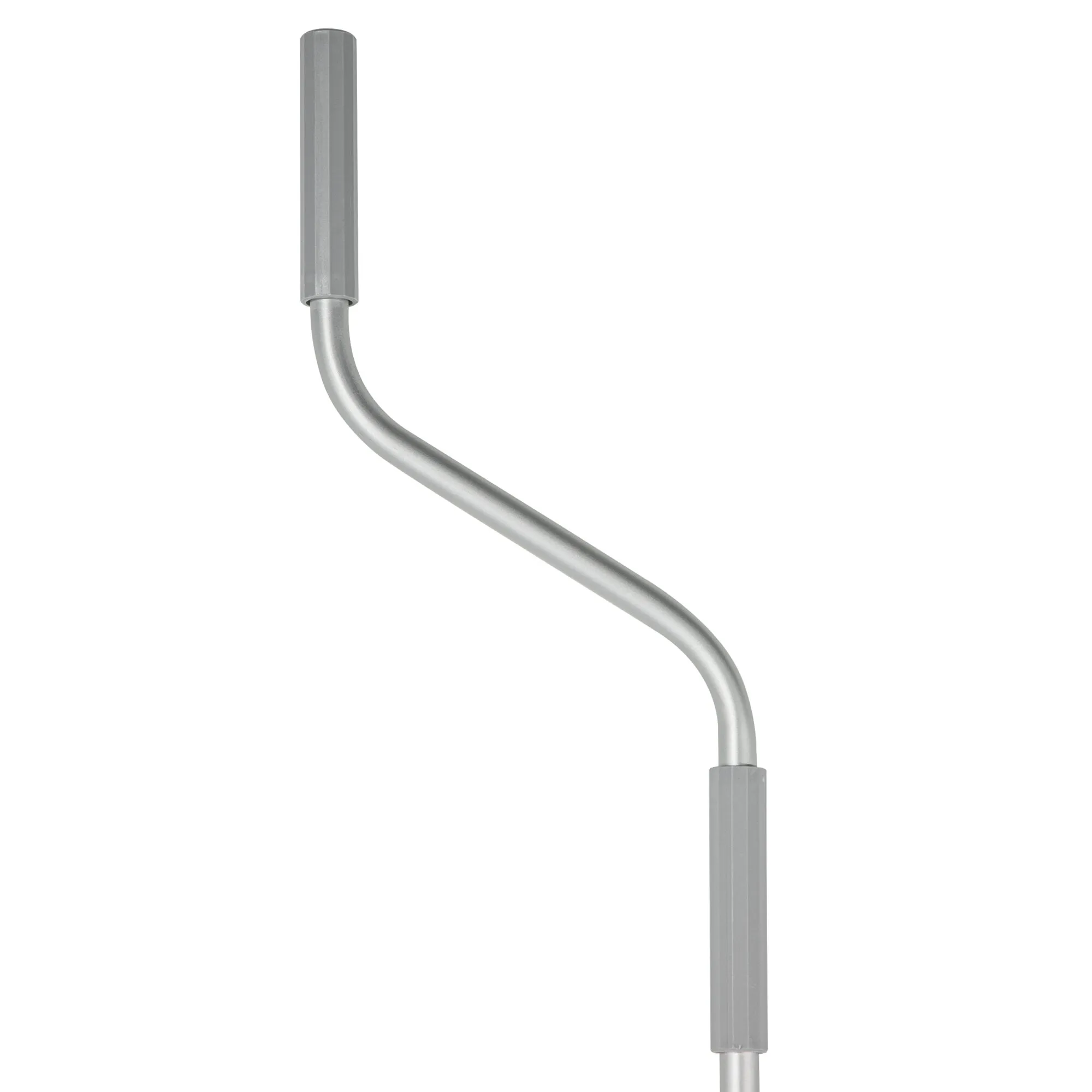 Silberfarbene Aluminium-Handkurbel mit langem, gebogenem Stab und zwei geriffelten Griffhülsen an den Enden, 240 cm lang