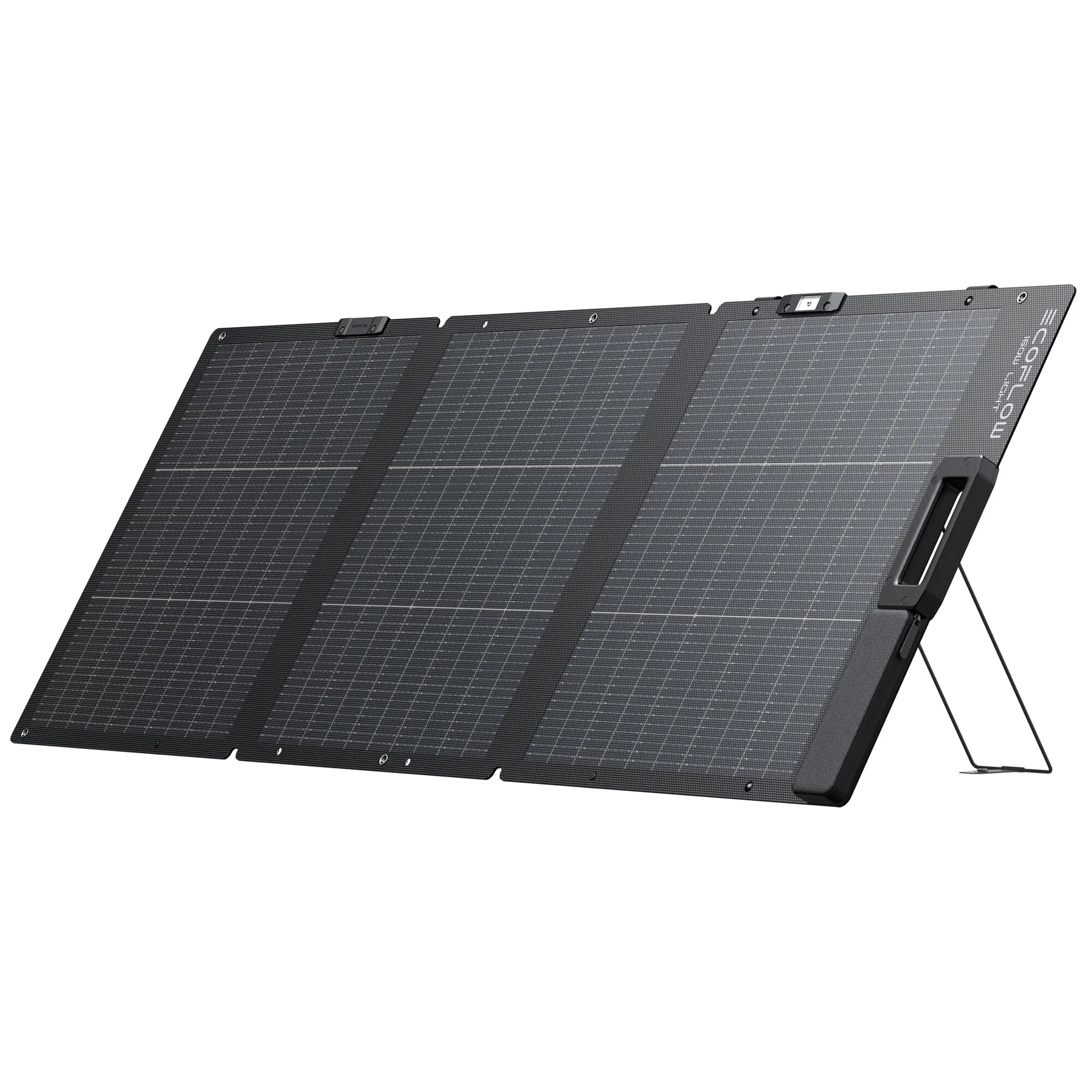 Faltbares schwarzes Solarmodul mit drei Solarflächen, seitlichem Tragegriff und ausklappbarer Standstütze, 160 Wp