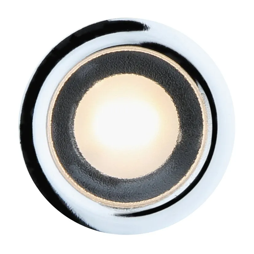 Runder Einbau-Minispot mit glänzendem Chromrahmen, schwarzem Innenring und warmweiß leuchtender zentraler LED-Lichtfläche