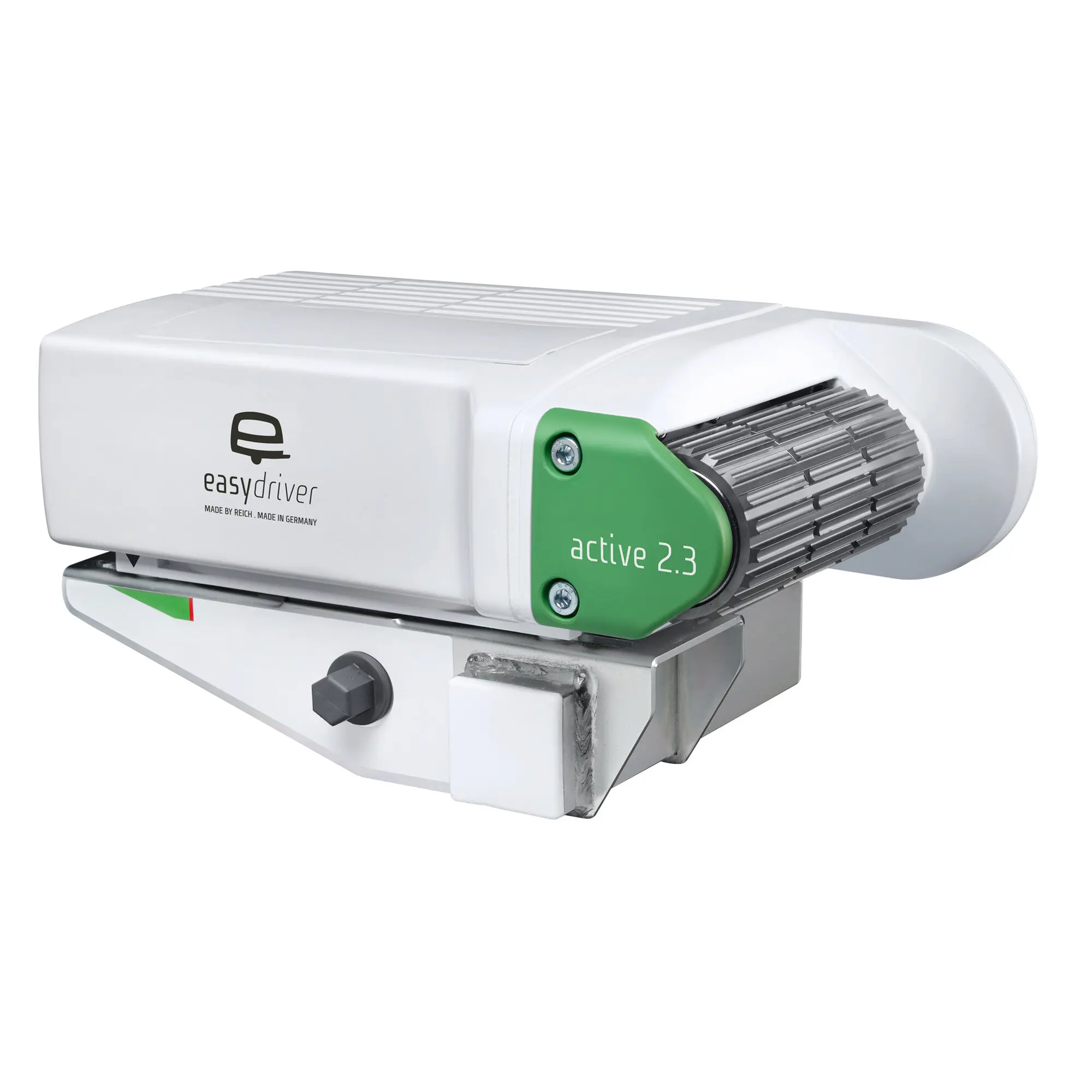 Kompakte weiße Rangierantriebs-Einheit mit grüner Seitenplatte, sichtbarem Zahnradsystem und easydriver-Logo auf dem Gehäuse, active 2.3