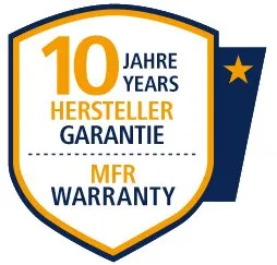 Schildförmiges Garantie-Siegel in Weiß, Dunkelblau und Orange mit Aufschrift 10 Jahre Hersteller-Garantie und MFR Warranty sowie Sternsymbol