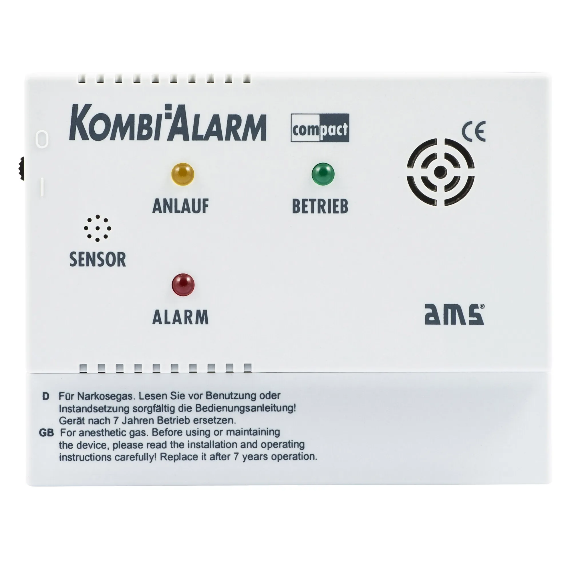 Weiße rechteckige Kombi Alarm Compact von AMS mit Sensor sowie gelber, grüner und roter Kontrollleuchte und Warnsymbol