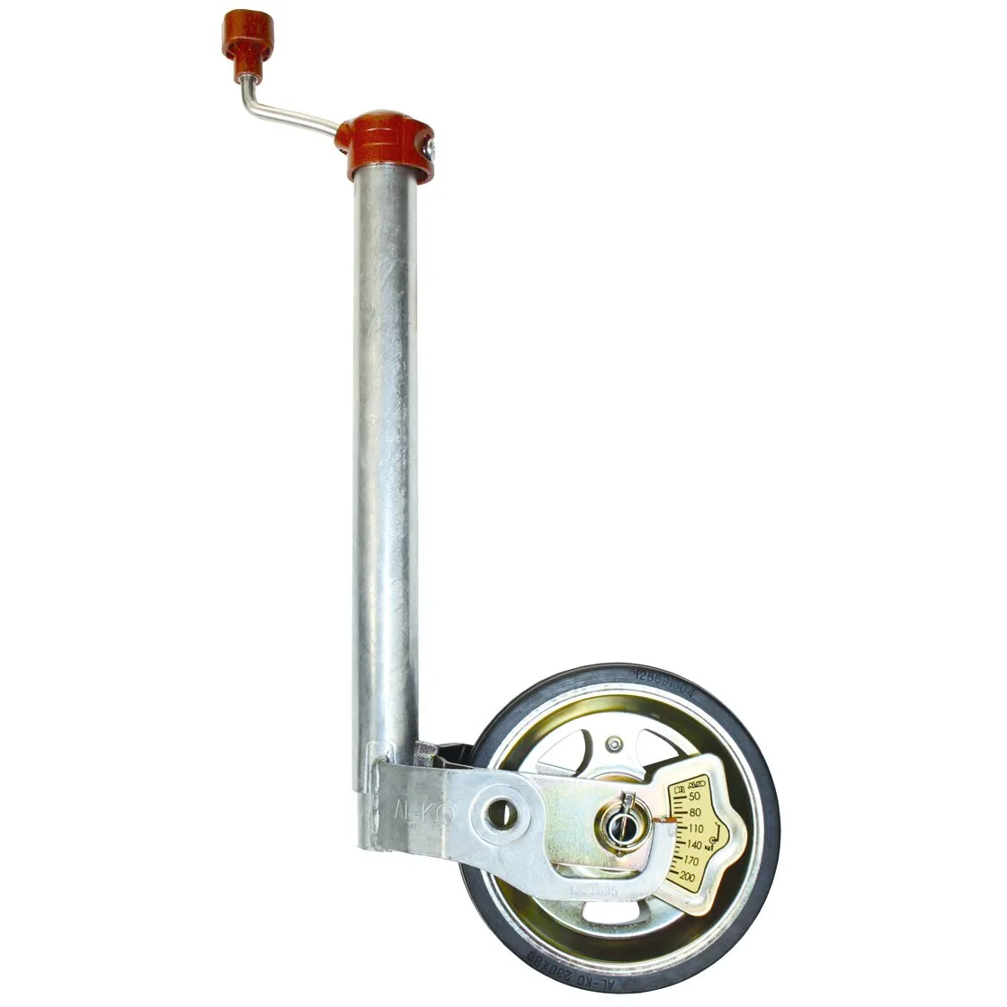 Anhänger-Stützrad mit verzinktem Metallrohr, roter Handkurbel und schwarzem Rad mit sichtbarer Belastungsskala