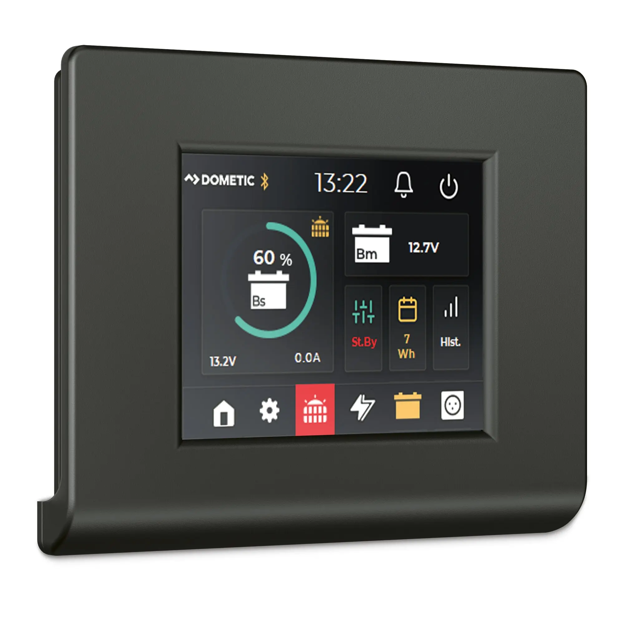 Nahaufnahme eines schwarzen Gehäuses eines multifunktionalen N-Bus-Displays mit Display, sichtbar das Dometic-Logo, 60 % Batteriestatus, 13,2V und 0,0A sowie mehrere Icons
