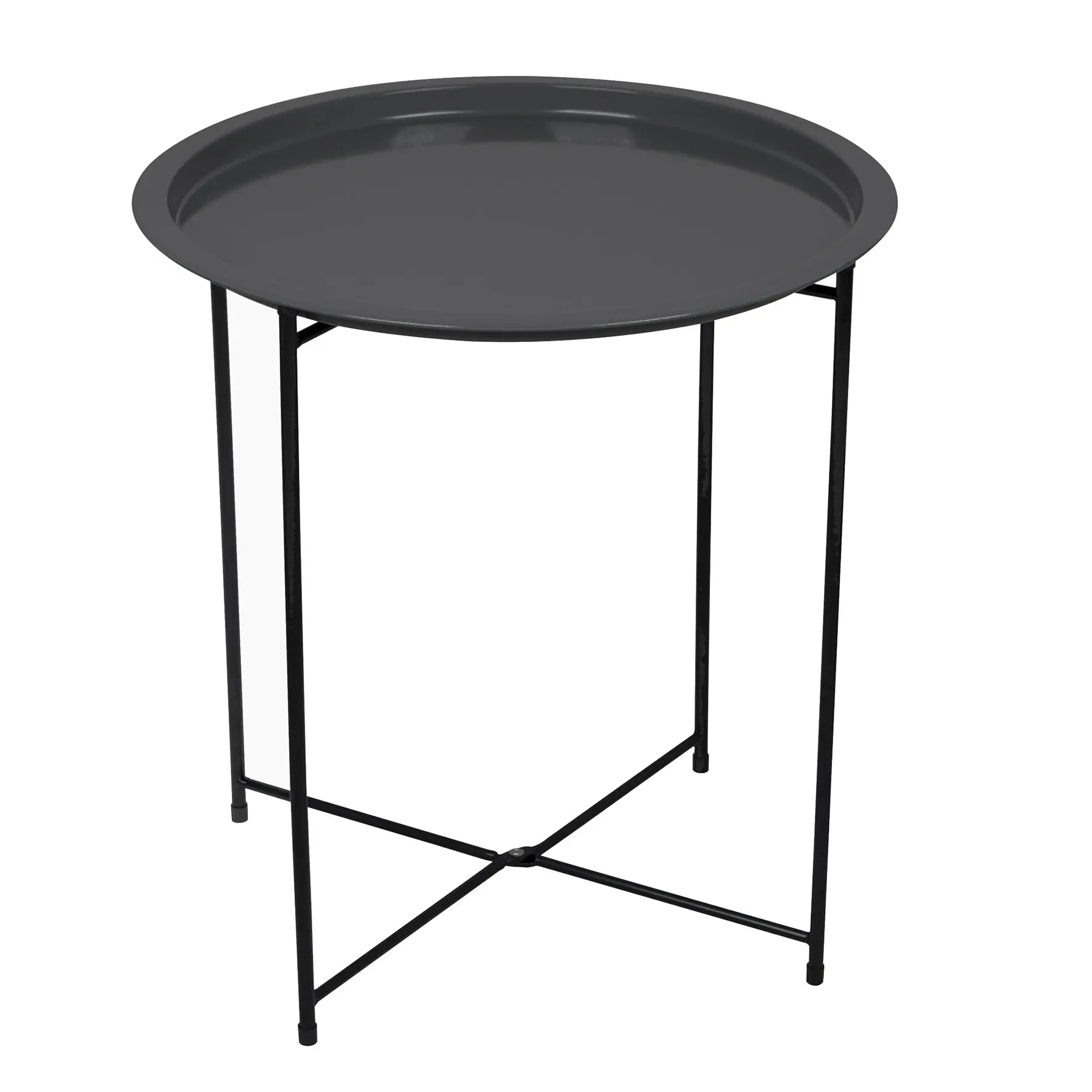 Runder Beistelltisch mit dunkler Platte und schwarzen Metallbeinen; Durchmesser 50 cm, quadratisches Untergestell mit Querstreben