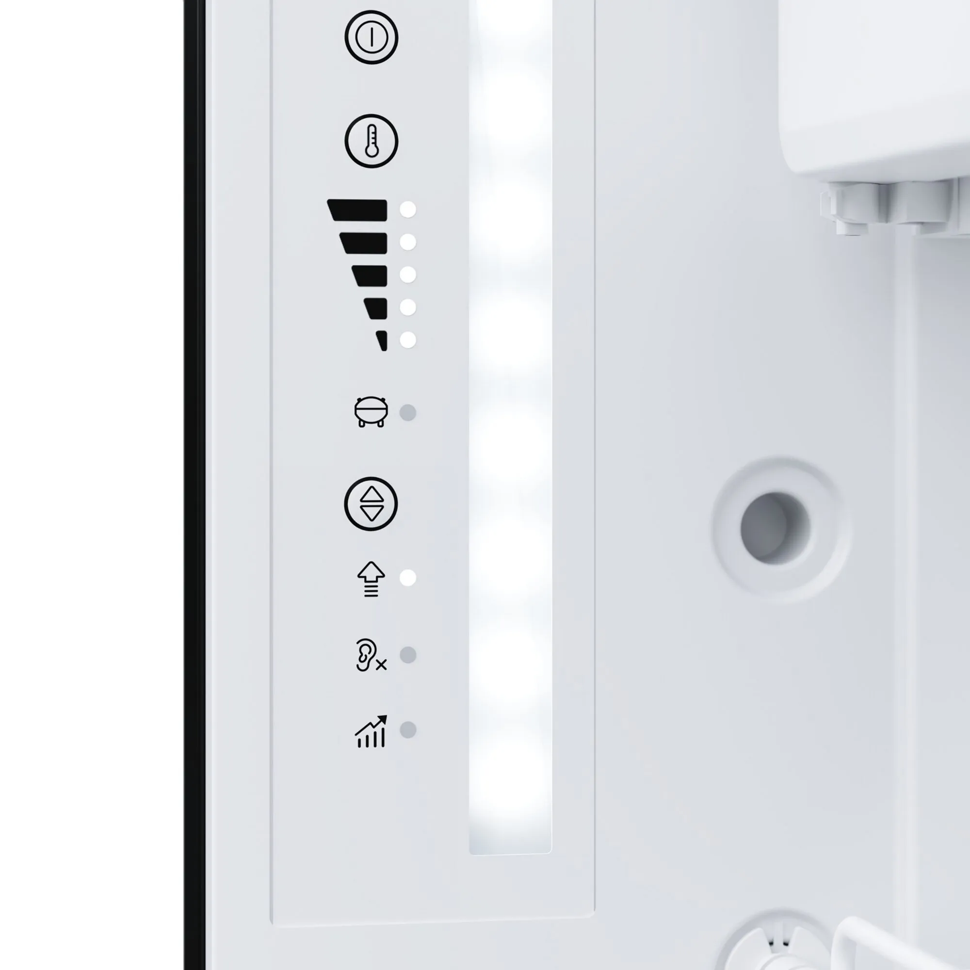 Detailaufnahme des weißen Bedienfelds im Innenraum des Dometic RC 10.4P Kühlschranks mit Temperaturanzeige und Funktionstasten