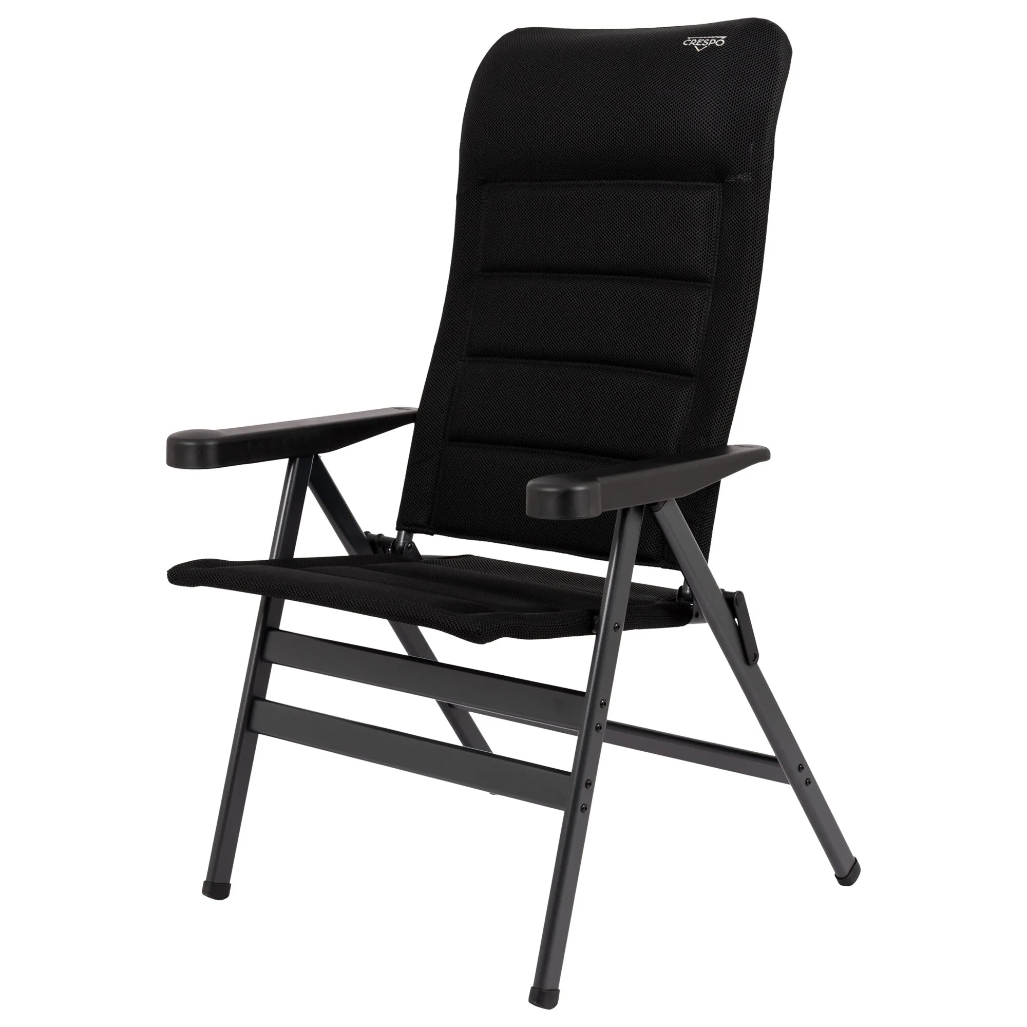 Schwarzer Campingstuhl AP/238 Air-Deluxe mit gepolsterter Rückenlehne, Armlehnen und klappbarem Metallgestell