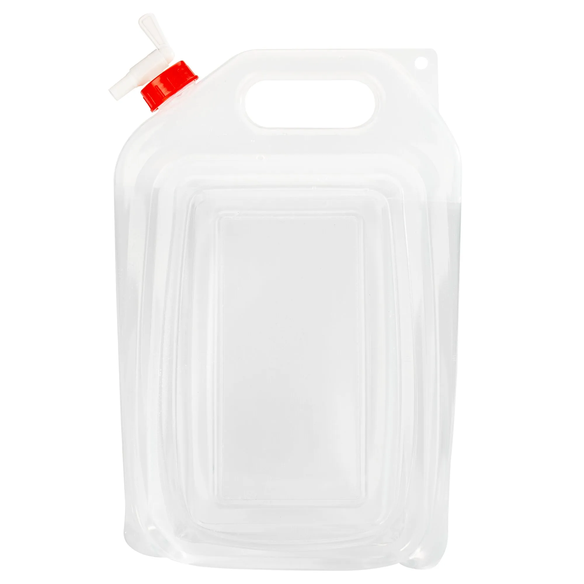 Transparenter Wasser-Container mit 9,4 Litern Fassungsvermögen, Tragegriff, rotem Schraubverschluss und weißem Auslaufhahn