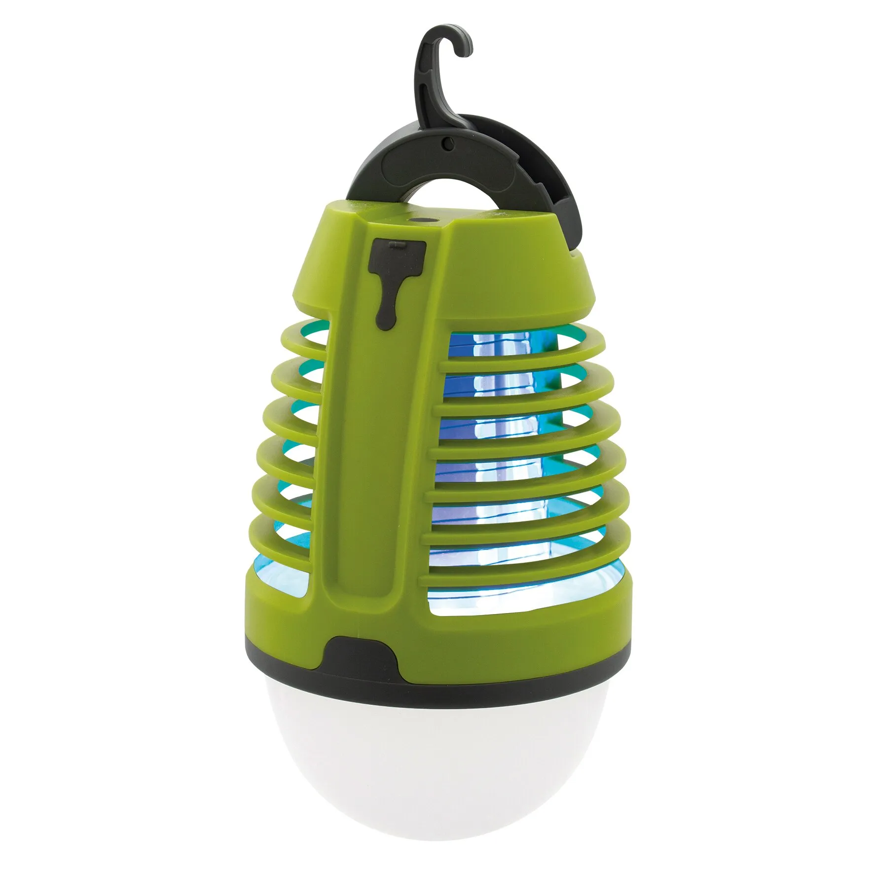 Grün-schwarze Insektenlampe UV 2-in-1 mit blau leuchtender UV-Röhre, Schutzgitter, Tragegriff und Aufhängehaken