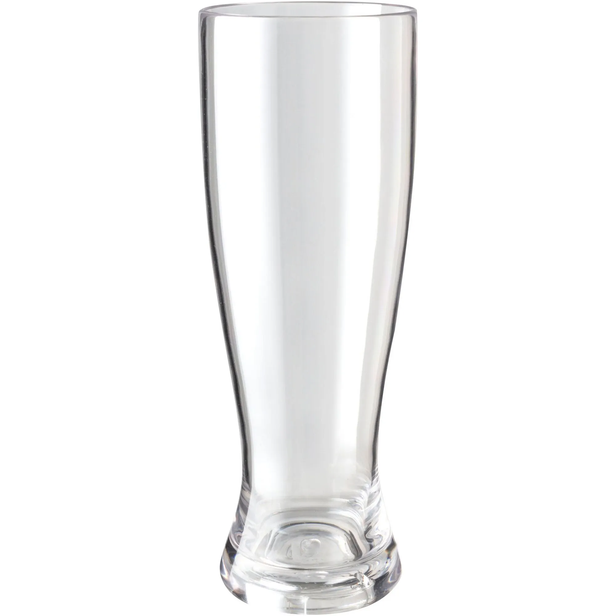 Klares, leeres Weißbierglas aus Glas mit hoher, leicht konischer Form, schmalem Fuß und dickem Standboden vor weißem Hintergrund
