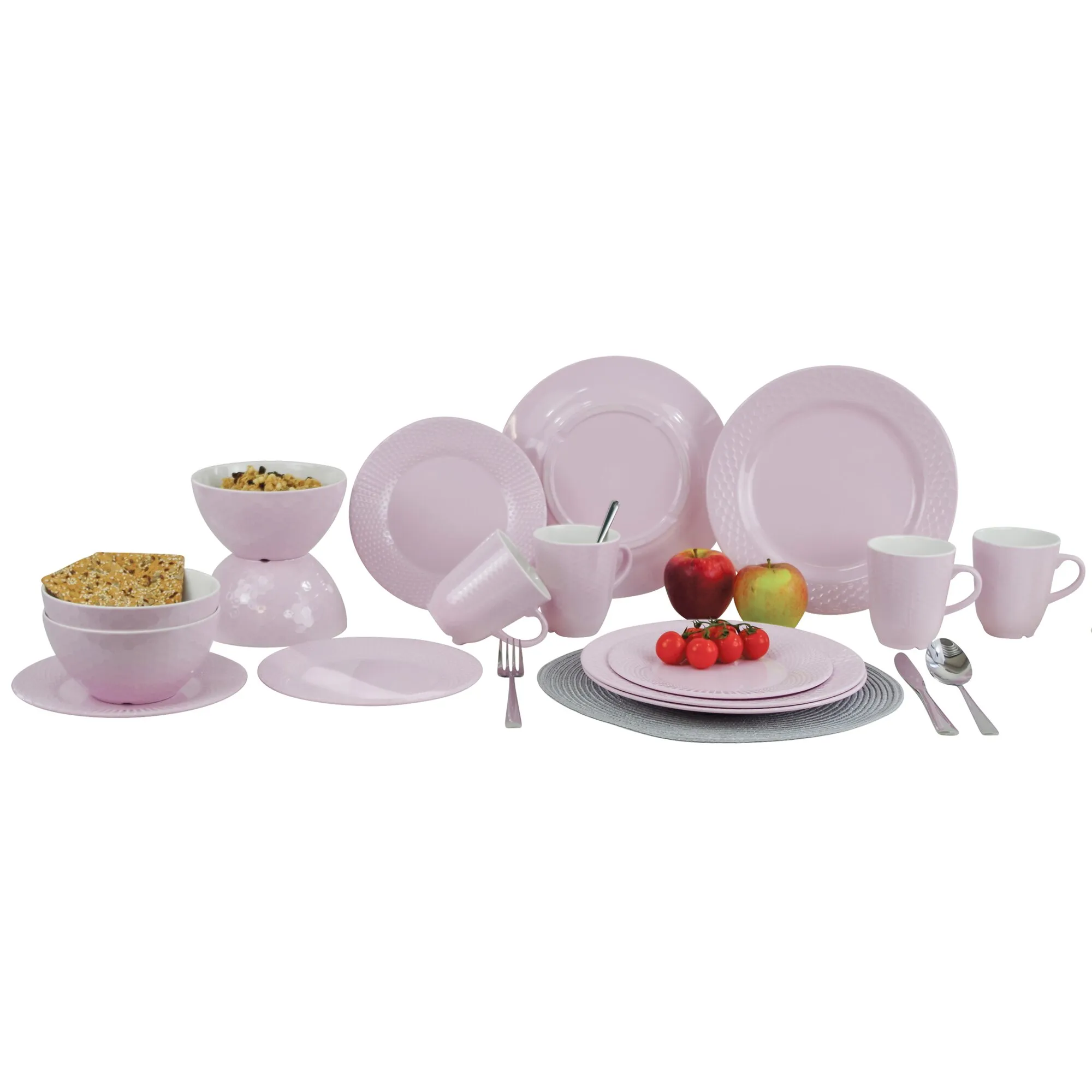 Rosa Geschirrset Royal Line mit Tellern, Schalen, Tassen und Besteck, dekoriert mit Müsli, Brot, Äpfeln und Tomaten