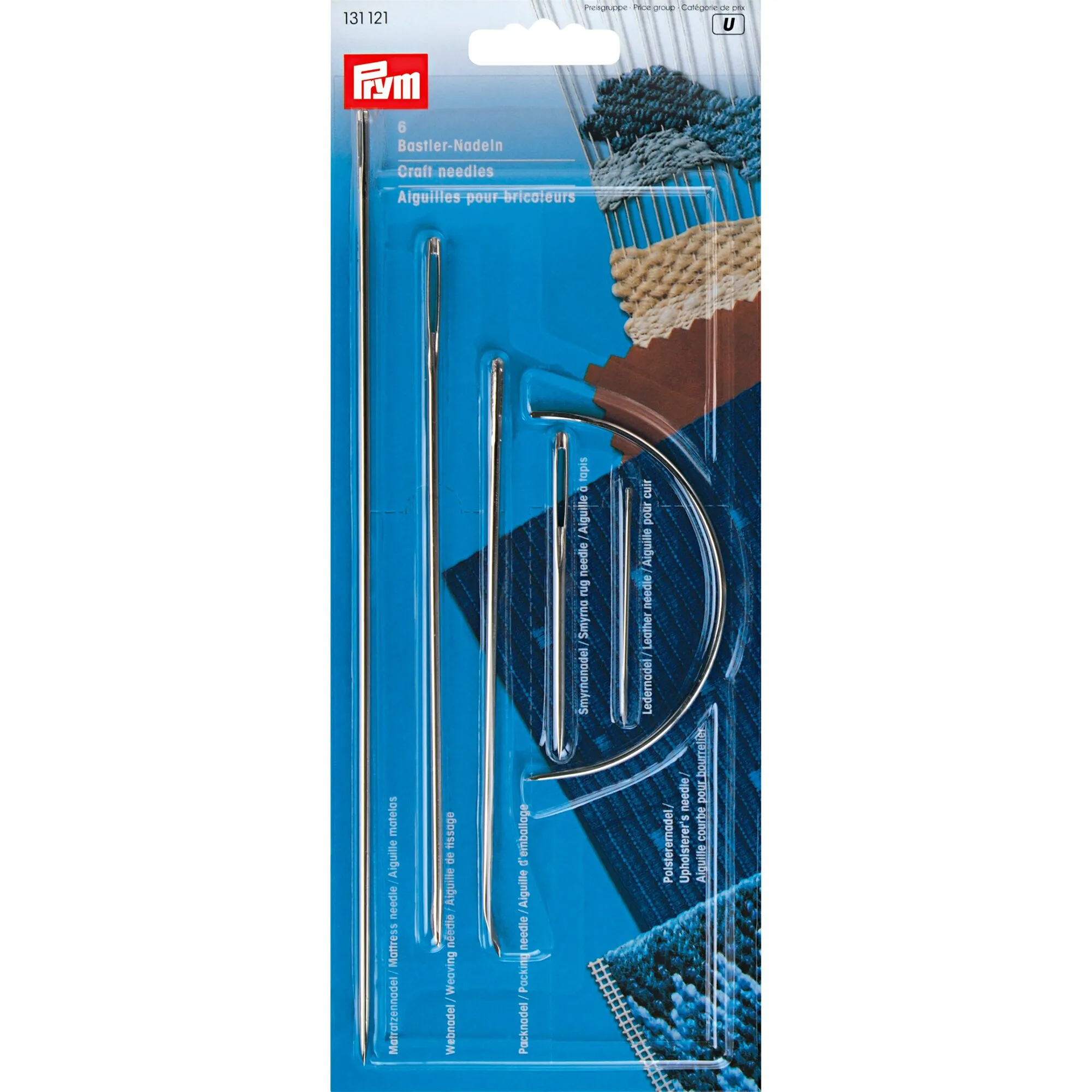 Prym Bastelnadeln Sortiment S mit sechs silberfarbenen Nadeln in verschiedenen Formen auf blauer Verpackung
