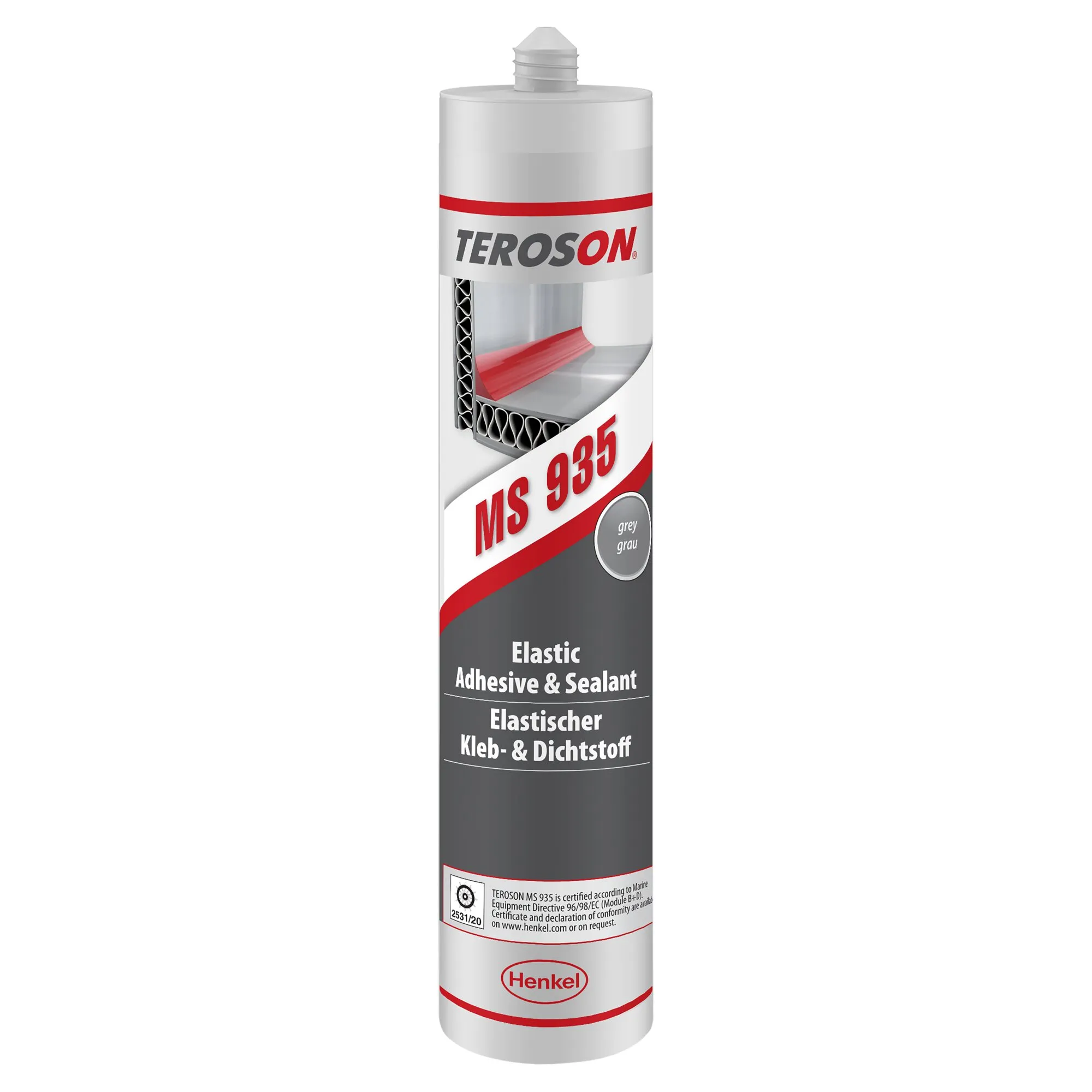 TEROSON MS 935, grauer Industriedichtstoff von Henkel, in einer Kartusche mit aufgedrucktem Anwendungsschnittbild