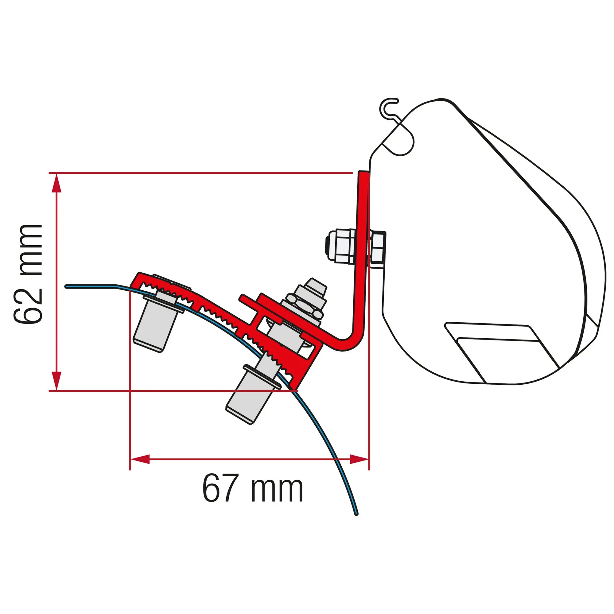 Technische Explosionszeichnung des Markisenadapter-Kits Stellantis (PSA) für F35 Pro mit rotem Hauptbauteil, grauer Klemme und Maß 67 mm