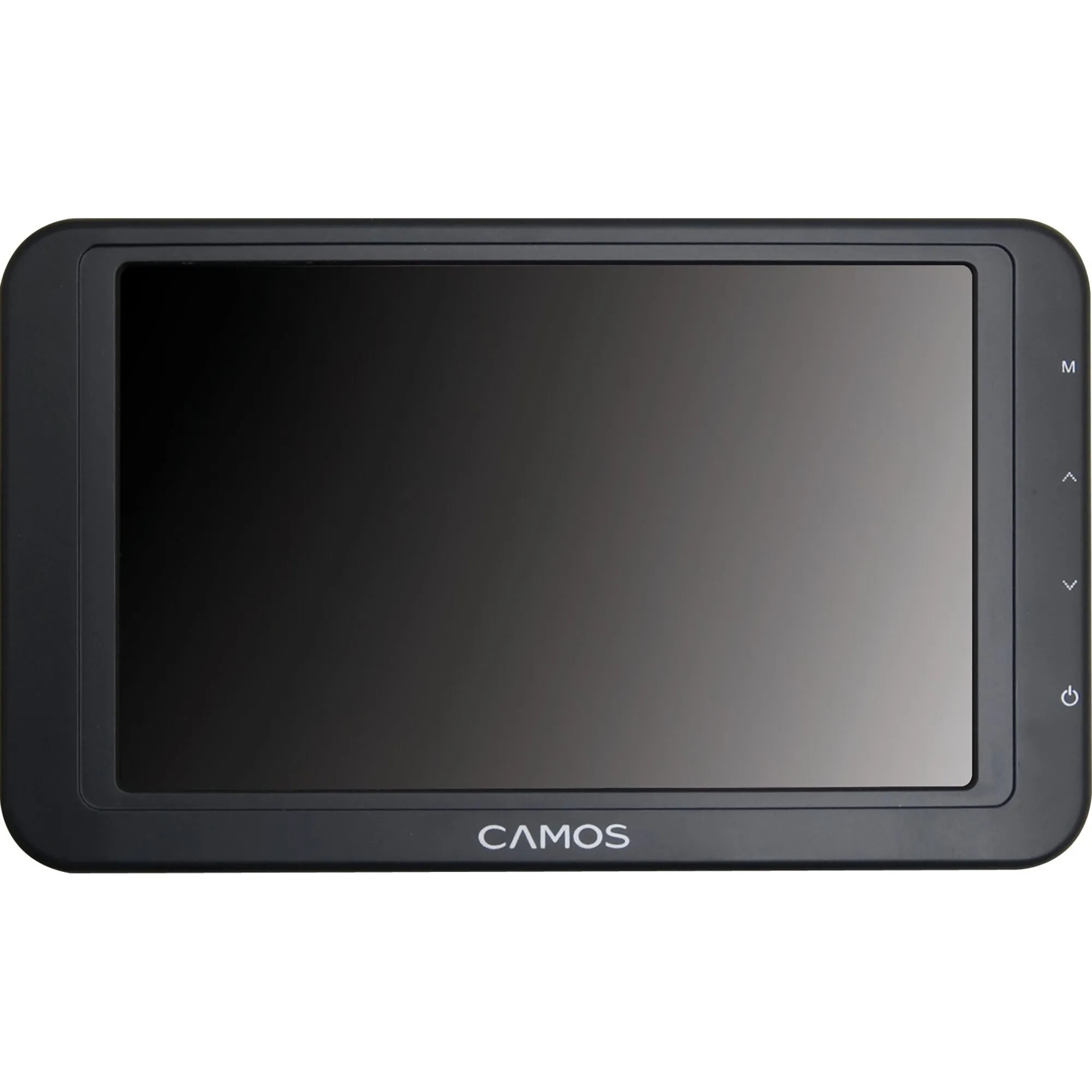 Schwarzer Camos-Monitor CM-430 für Rückfahrvideosysteme mit großem Bildschirm, seitlichen Bedientasten und Camos-Schriftzug