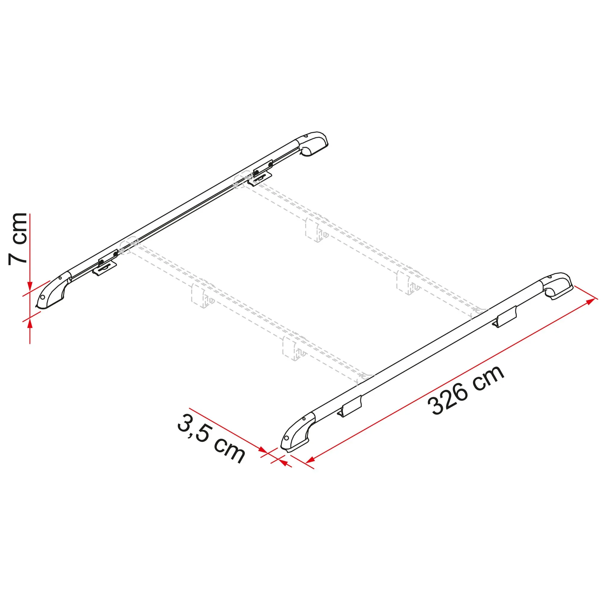 Technische Zeichnung einer Dachreling in Seitenansicht mit Montagehalterungen, 326 cm Länge, 3,5 cm Breite und 7 cm Höhe