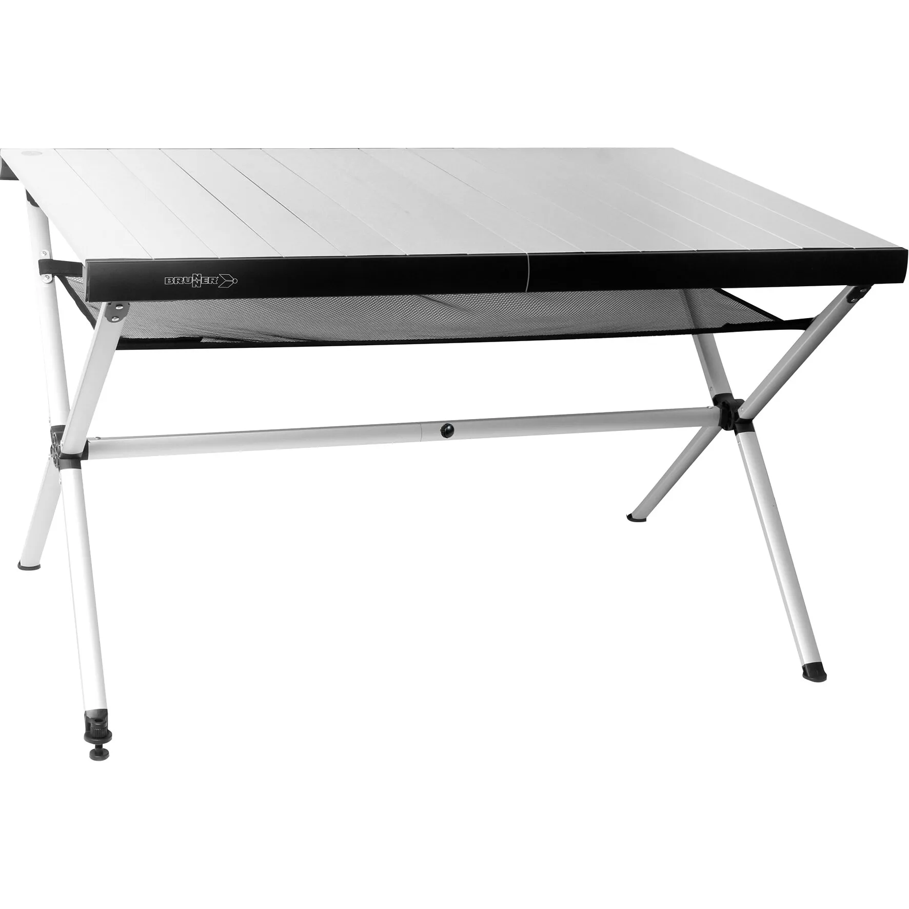 Rolltisch Accelerate Compack 4 von Brunner mit silberner Aluminium-Tischplatte, schwarzem Rand und schwarzem Ablagenetz