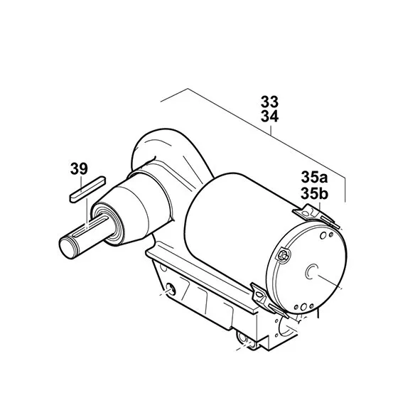 Motor-Getriebeeinheit A in technischer Seitenansicht mit Antriebswelle, zylindrischem Gehäuse und gekennzeichneten Bauteilen 33, 34, 35a, 35b und 39