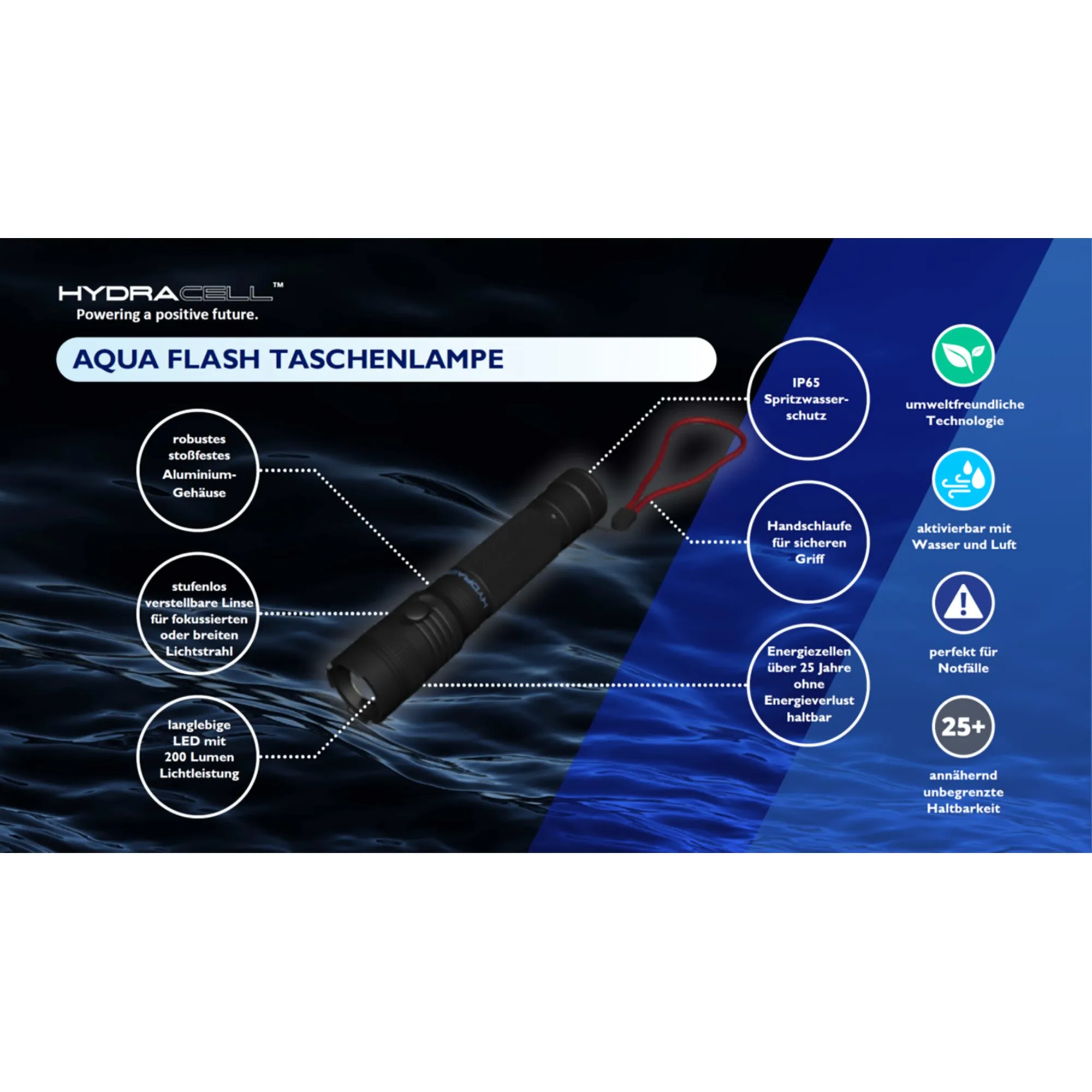 Infografik zur schwarzen AQUA FLASH Taschenlampe von HydraCell mit Aluminiumgehäuse, Handschlaufe und IP65-Spritzwasserschutz