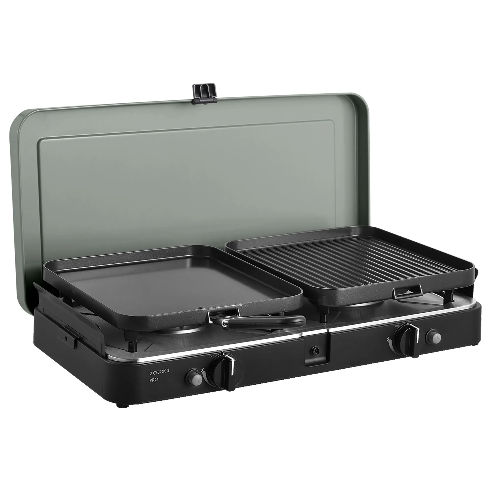 Schwarzer Gaskocher 2 Cook 3 Pro Deluxe mit aufgeklapptem Deckel, Grillplatte, glatter Bratplatte und zwei Drehreglern