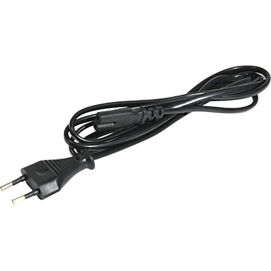 Schwarzes Netzkabel mit zweipoligem Eurostecker und langer aufgewickelter Leitung, 230-Volt-Campingzubehör