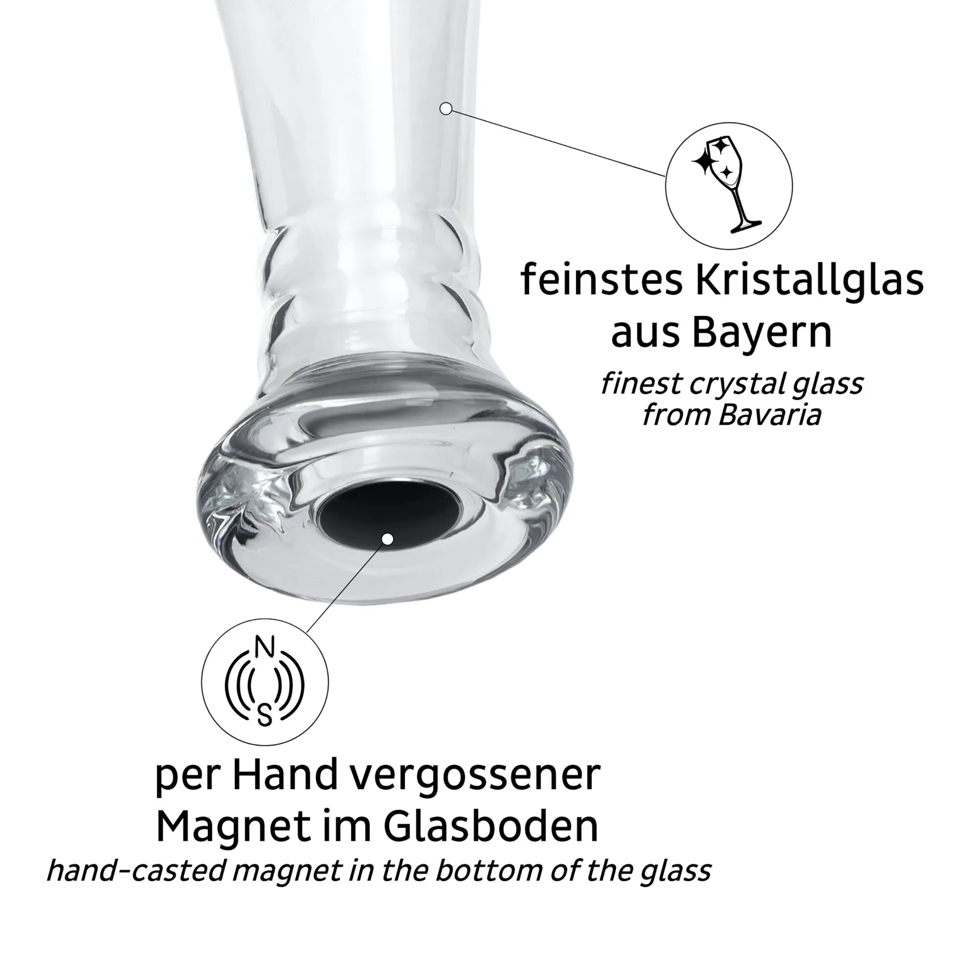Detailansicht eines klaren Kristall-Weißbierglases mit handgegossenem Magneten im Glasboden aus Bayern