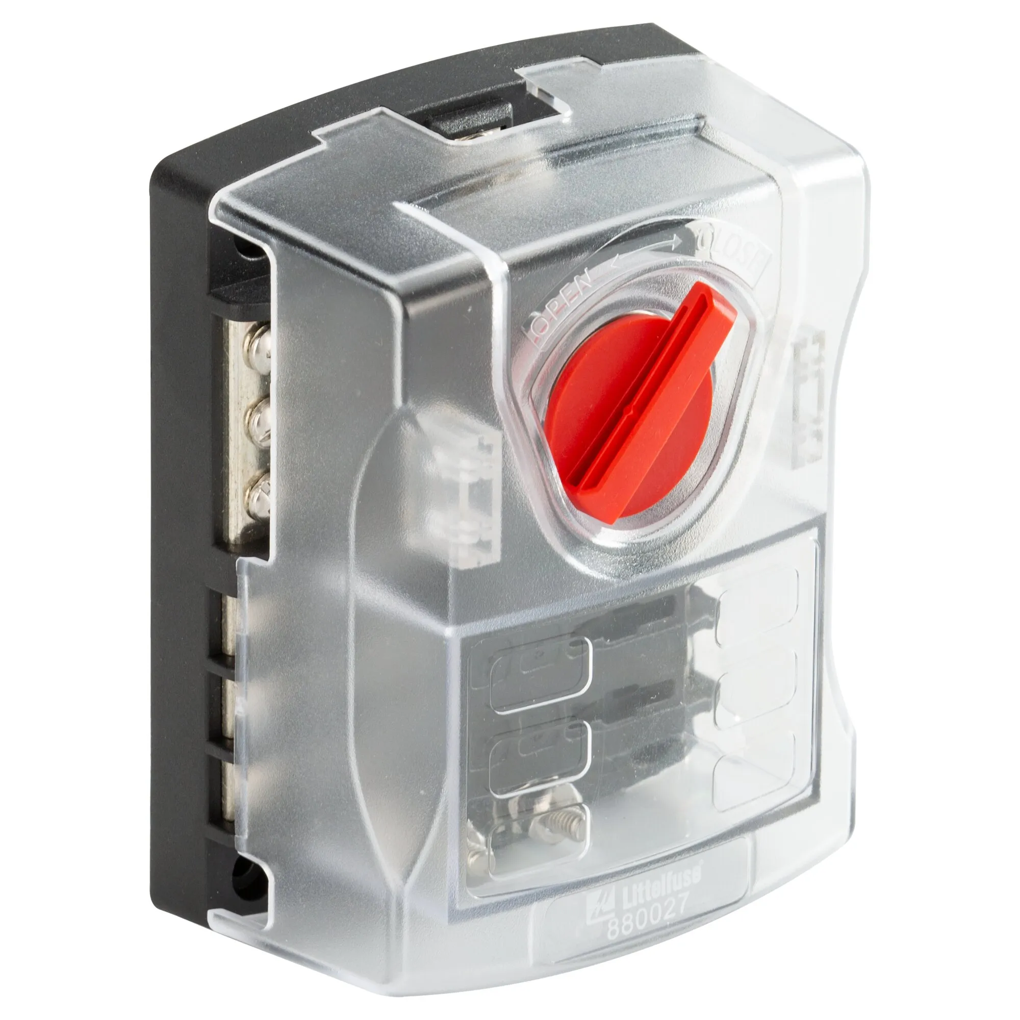Sicherungsblock ST ATO® Series mit Erdungsschiene für sechs Sicherungen, schwarzes Gehäuse mit transparenter Abdeckung und rotem Drehschalter