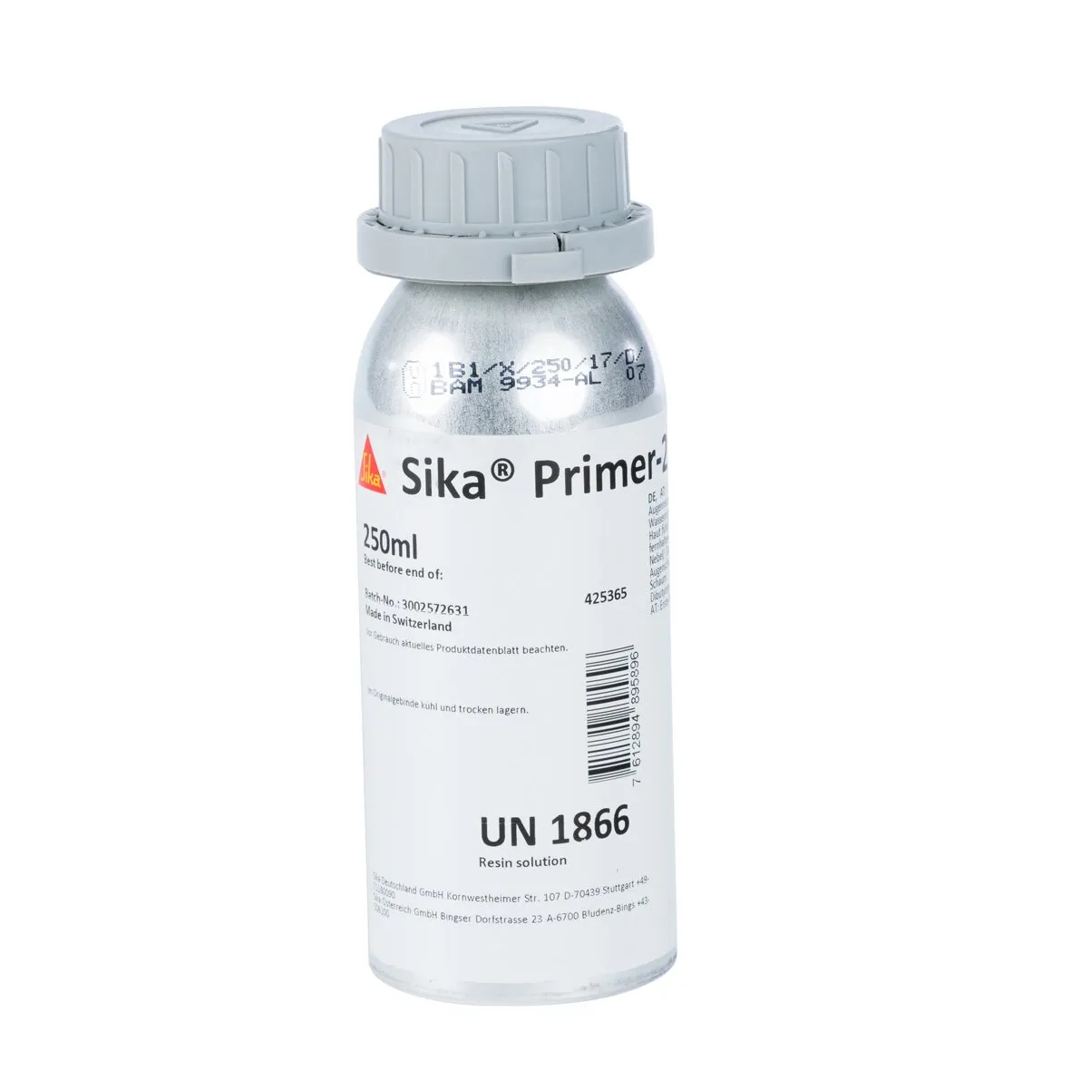 Sika® Primer-210, 250-ml-Flasche mit grauem Schraubverschluss und weißem Etikett zur Vorbehandlung von Klebeflächen