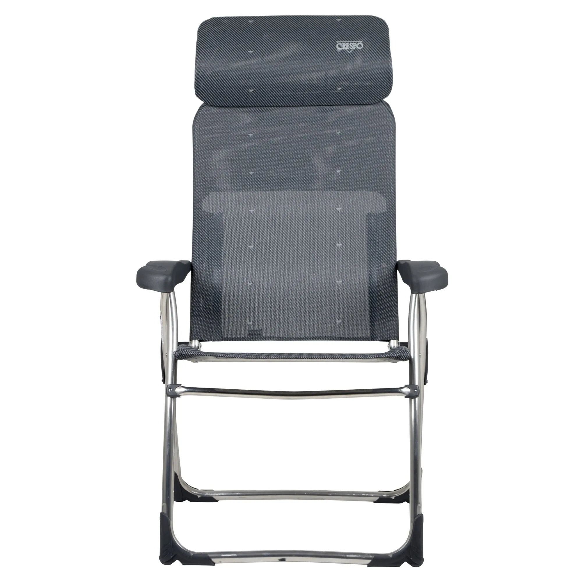 Campingstuhl XS AL/215 Compact in Frontalansicht mit dunkelgrauem Bezug, Aluminiumgestell und schwarzen Armlehnen