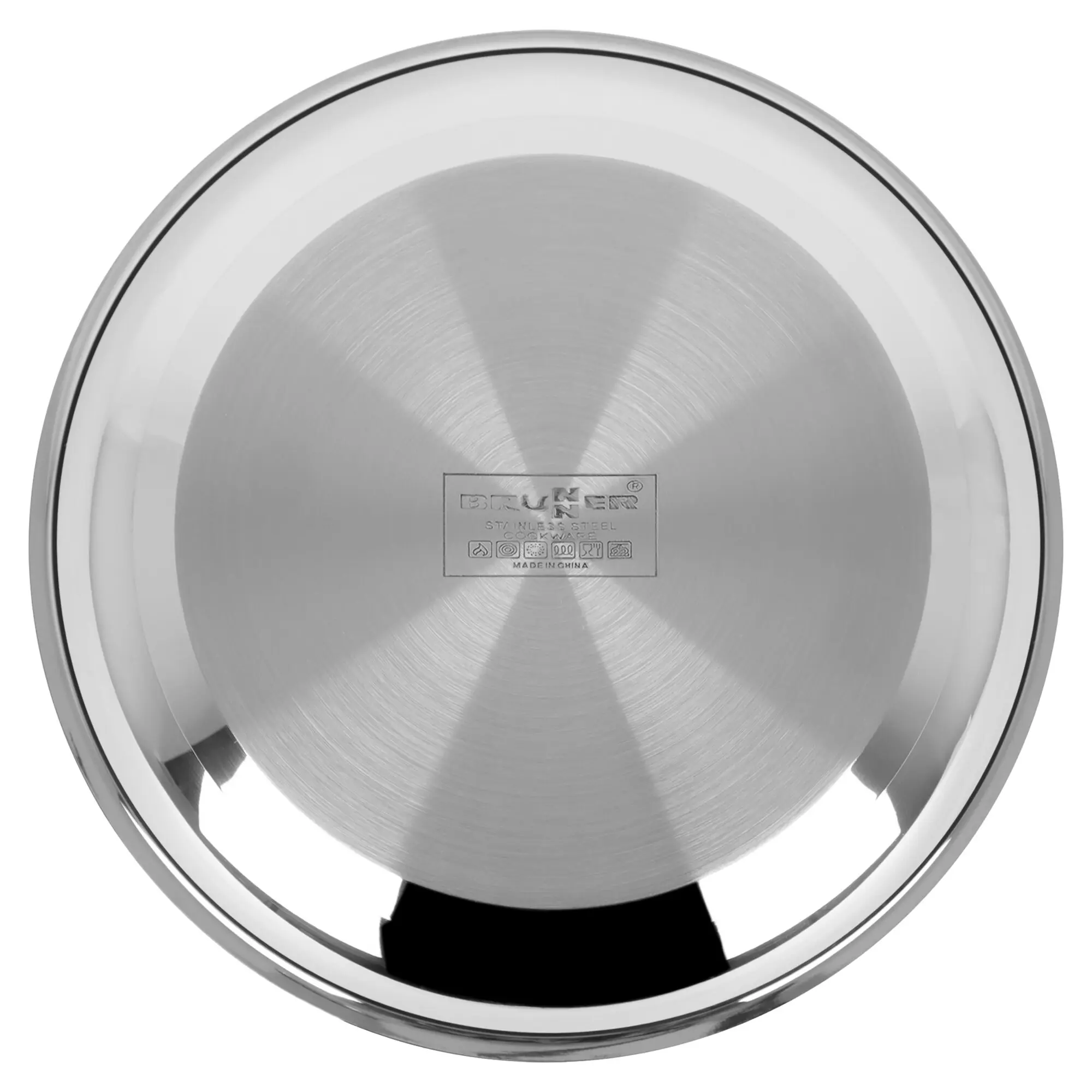 Unterseite eines runden Edelstahlkochtopfes mit gebürsteter Innenfläche und Rand, Etikett mit Brunner-Logo, Stainless Steel Cookware