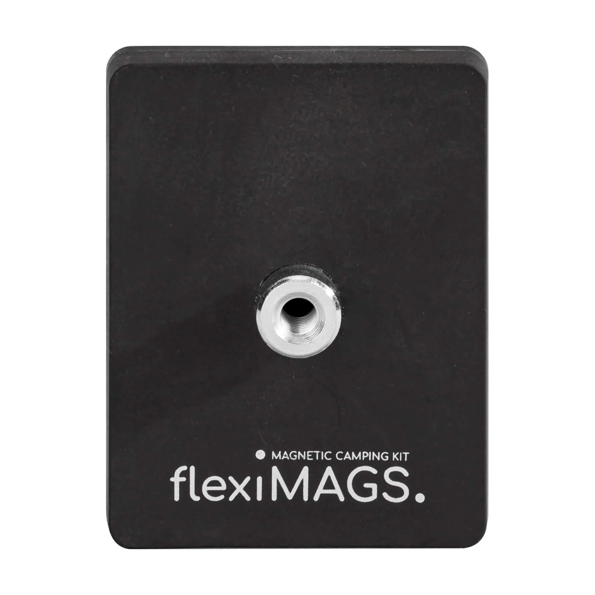 Rechteckiger schwarzer flexiMAGS-Magnet mit abgerundeten Ecken, zentraler Metallschraubhülse und flexiMAGS-Aufdruck