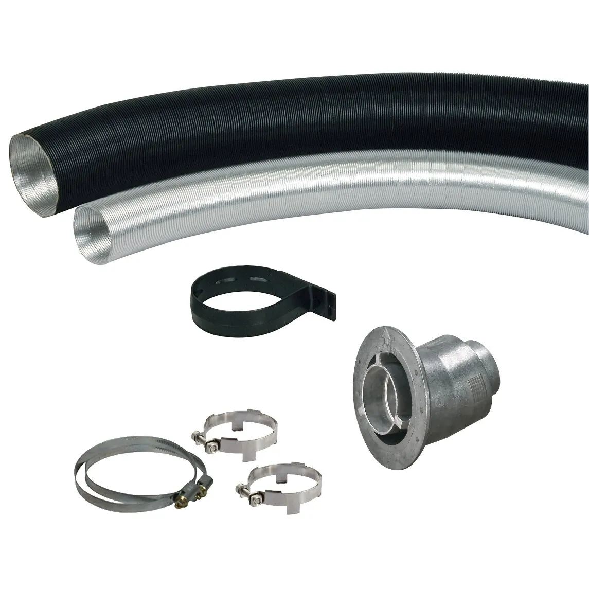 Wandkaminset ZR 80 mit schwarzem und silbernem Flexrohr, Wandanschluss, Schlauchschellen und Befestigungsring